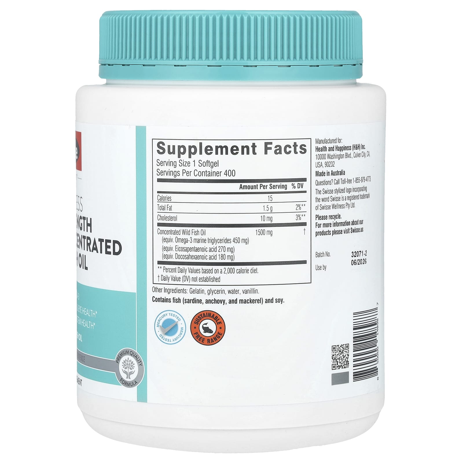 Swisse, Ultiboost®, Odorless High Strength Omega-3 Concentrated Wild Fish Oil , 1,500 mg , 400 Softgels