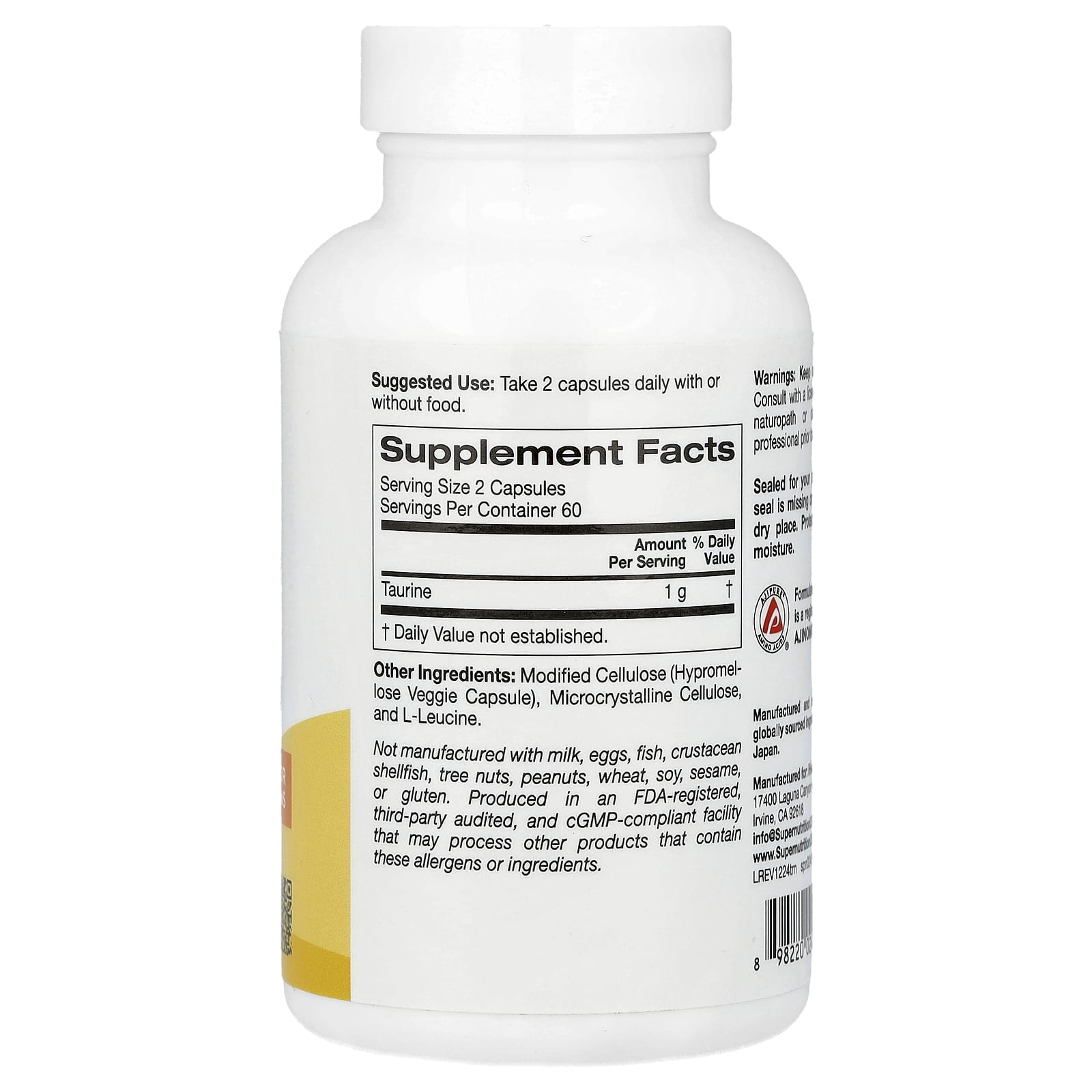 Super Nutrition, Taurine, 120 Veggie Capsules (500 mg per Capsule)