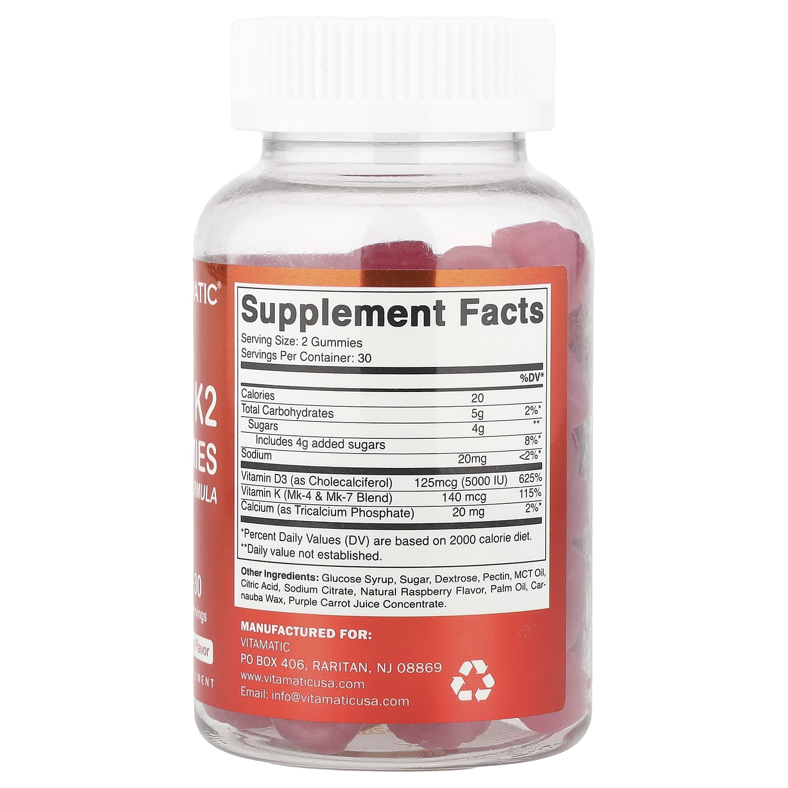 Vitamatic, D3 + K2 Gummies, Natural Raspberry, 60 Gummies