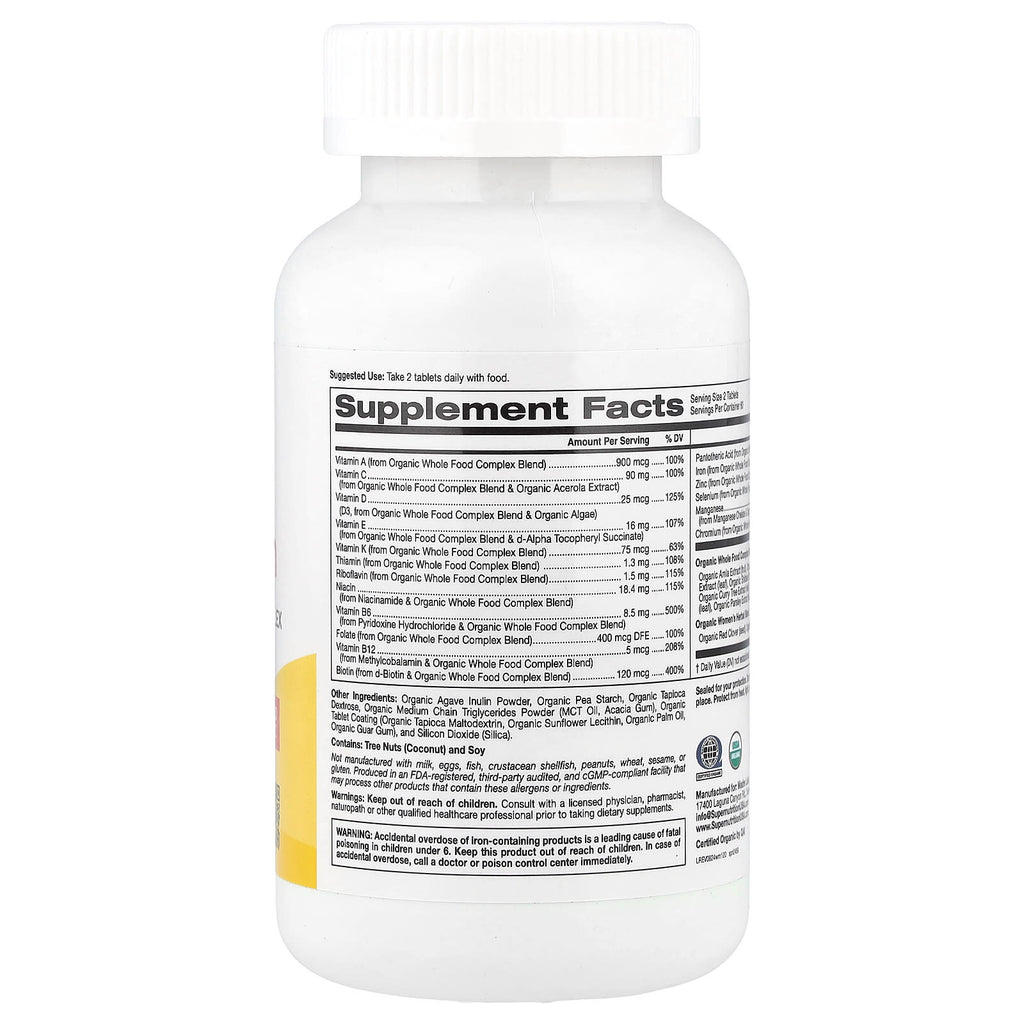 Super Nutrition, Organic Whole Food Women's Multivitamin with Vitamin A, Organic Amla Extract, Organic Sunflower Extract, and Organic Moringa Extract , 120 Tablets