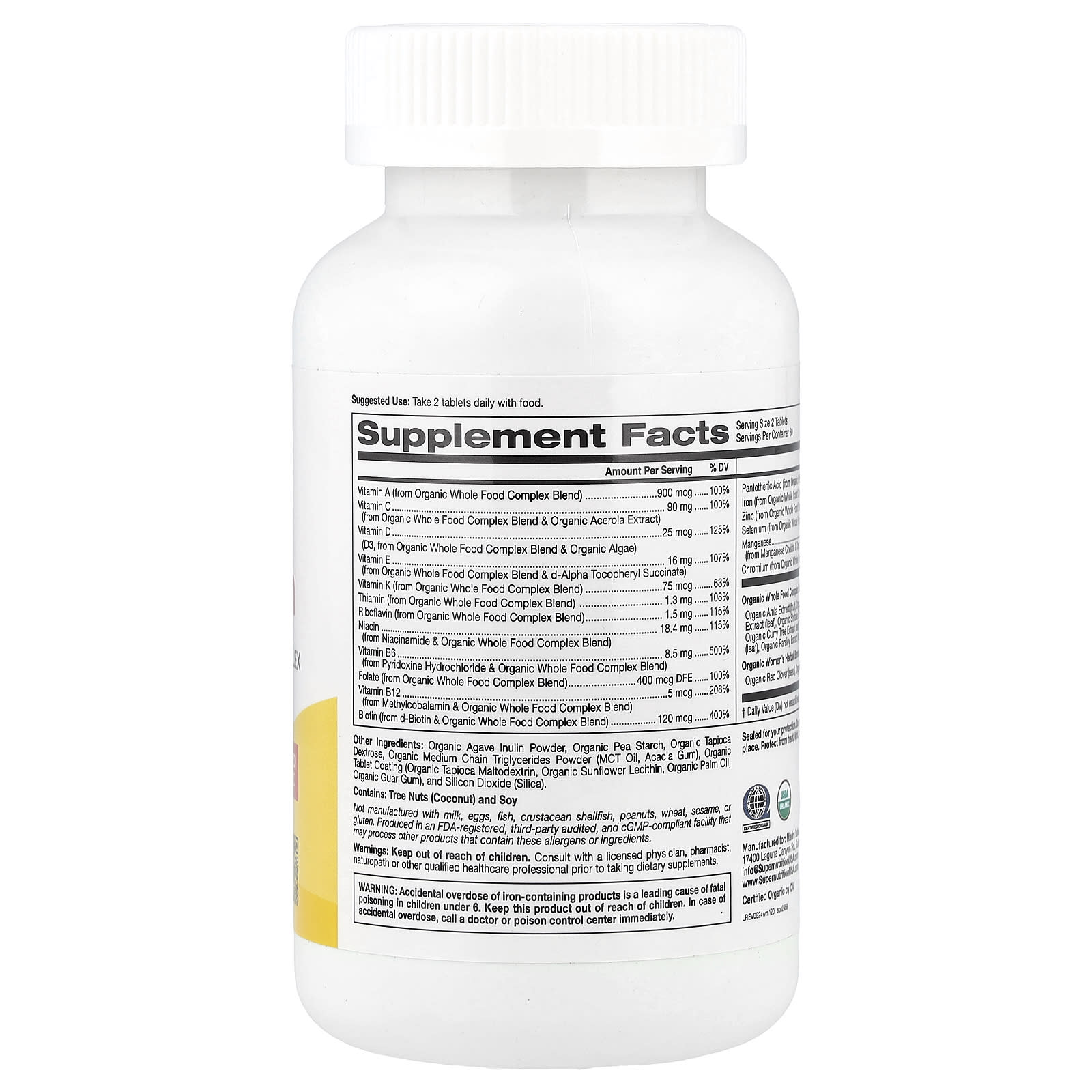 Super Nutrition, Organic Whole Food Women's Multivitamin with Vitamin A, Organic Amla Extract, Organic Sunflower Extract, and Organic Moringa Extract , 120 Tablets