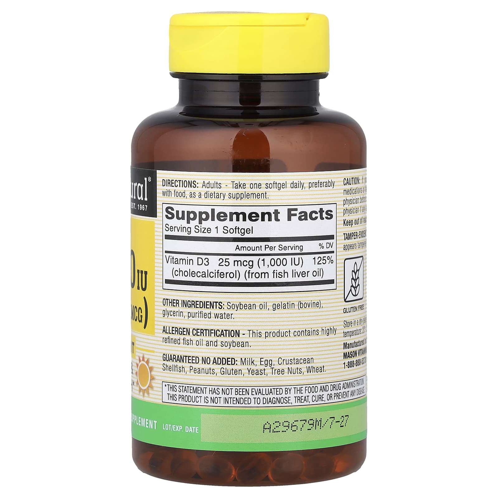 Mason Natural, Vitamin D3, 25 mcg (1,000 IU), 300 Softgels