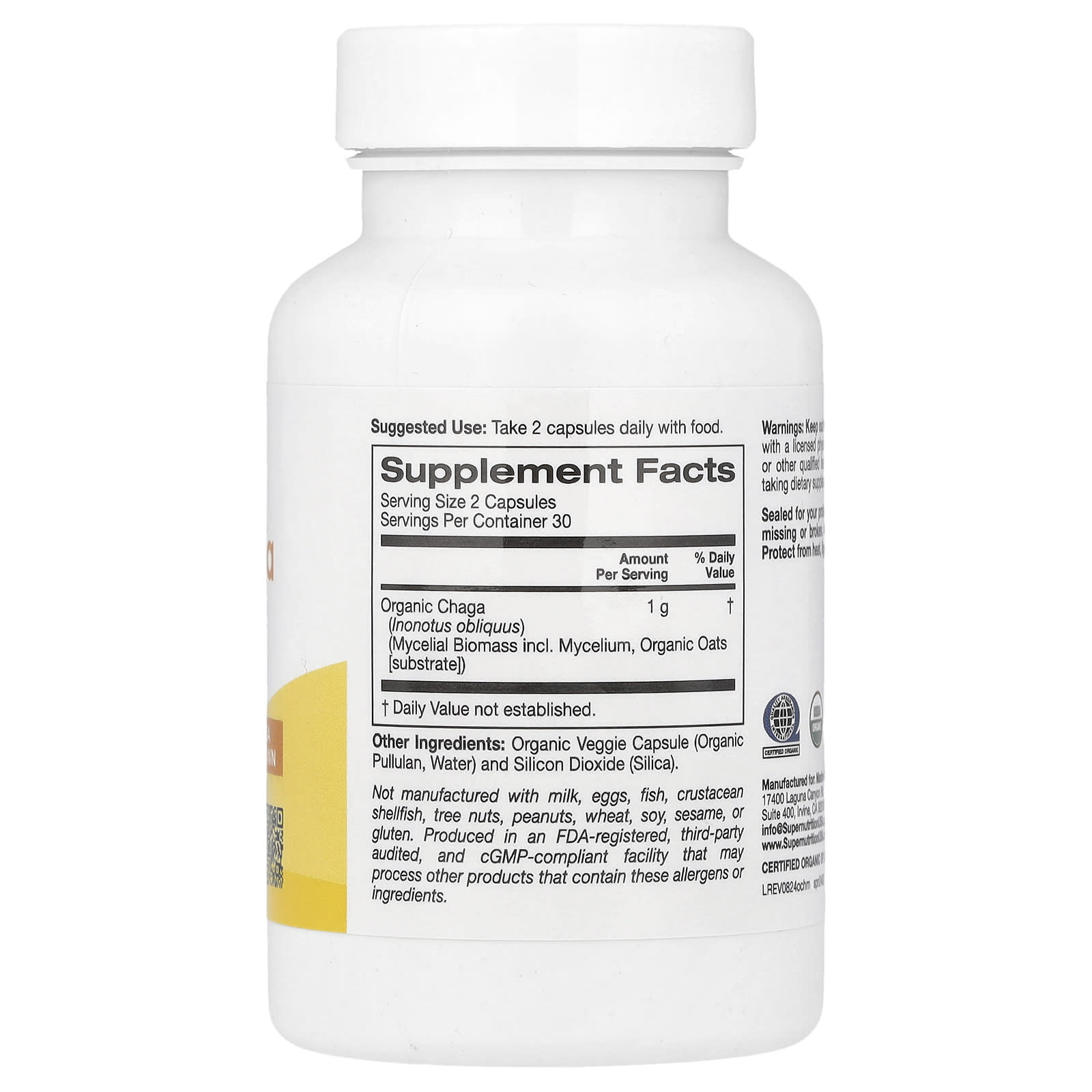 Super Nutrition, Organic Chaga Mushroom, 1 g, 60 Veggie Capsules (0.5 g Per Capsule)