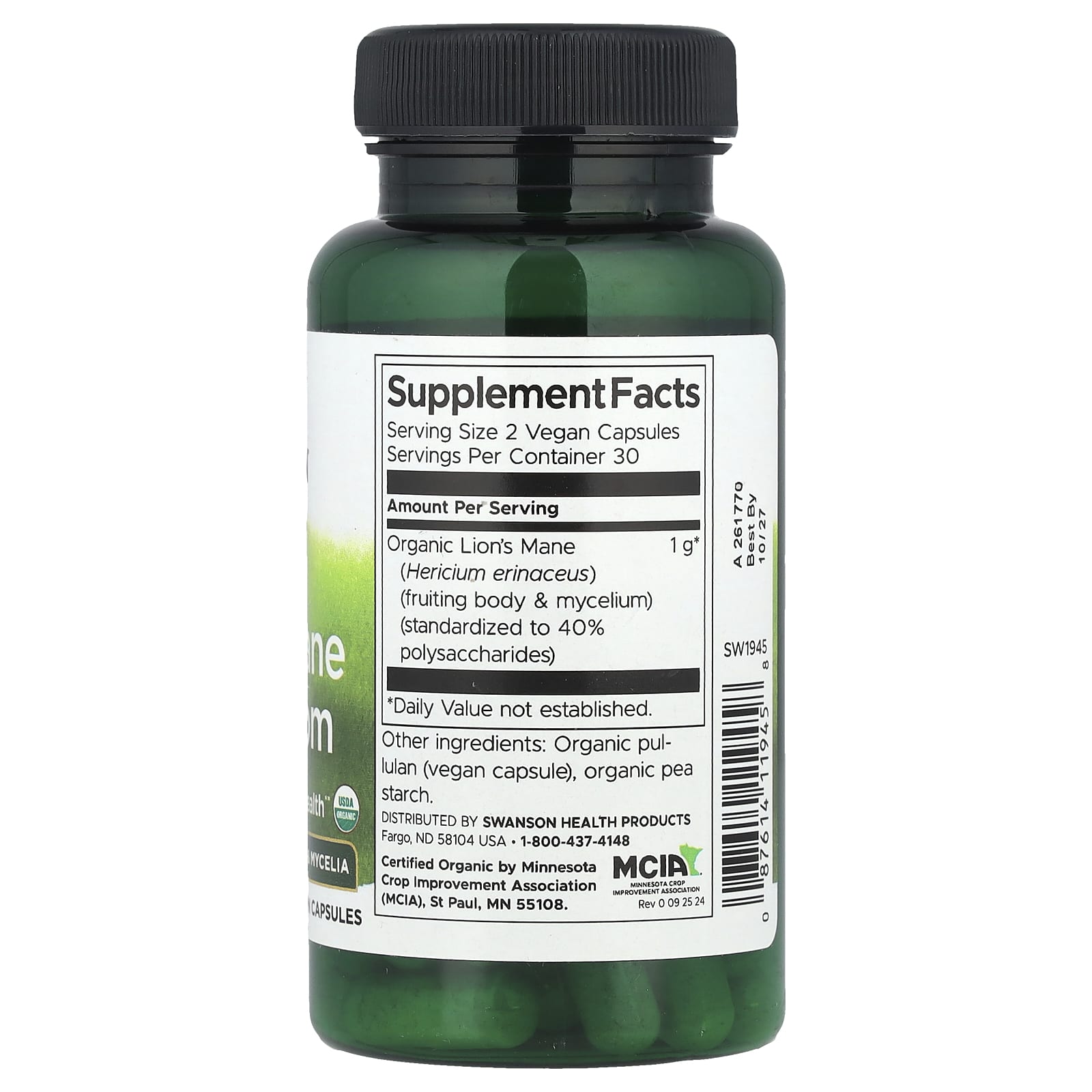 Swanson, Organic Lion's Mane Mushroom, 60 Vegan Capsules (500 mg per Capsule)