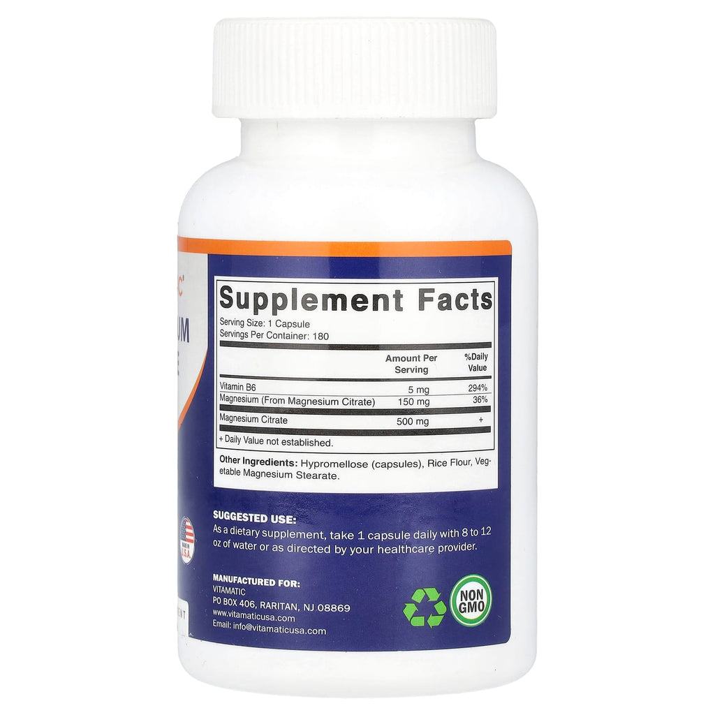 Vitamatic, Magnesium Citrate with B6, 180 Vegetarian Capsules