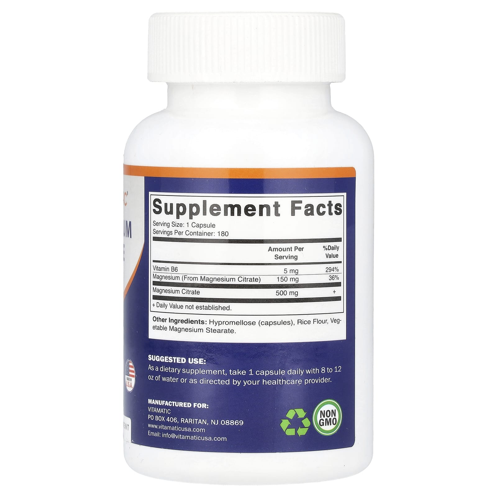 Vitamatic, Magnesium Citrate with B6, 180 Vegetarian Capsules