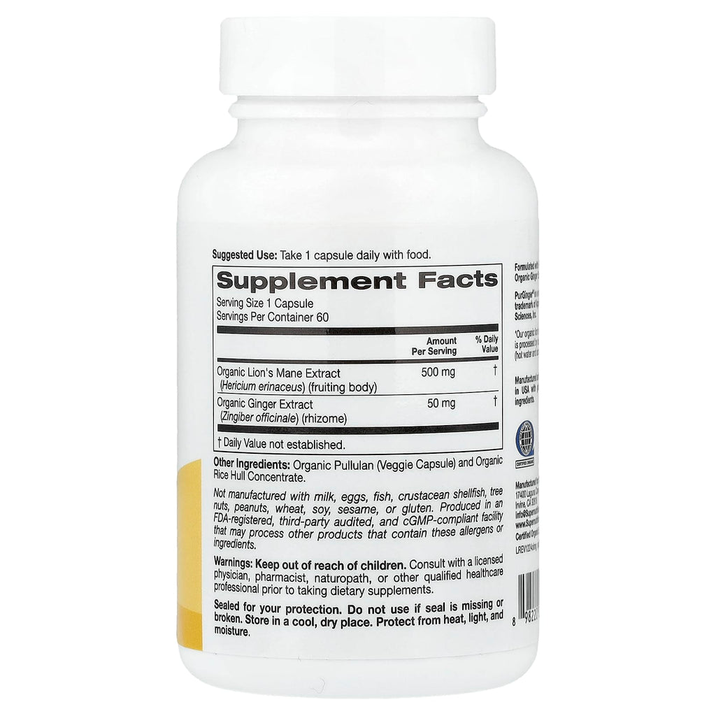 Super Nutrition, Organic Lion's Mane Mushroom + Ginger, 60 Veggie Capsules