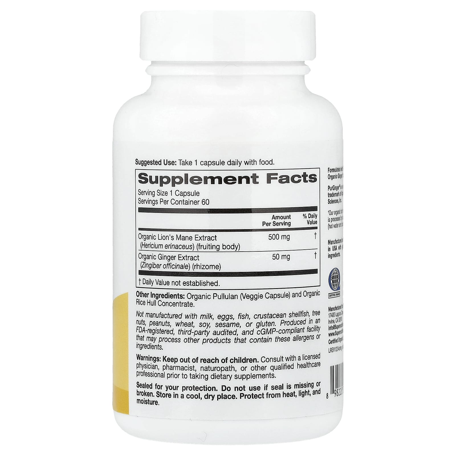 Super Nutrition, Organic Lion's Mane Mushroom + Ginger, 60 Veggie Capsules