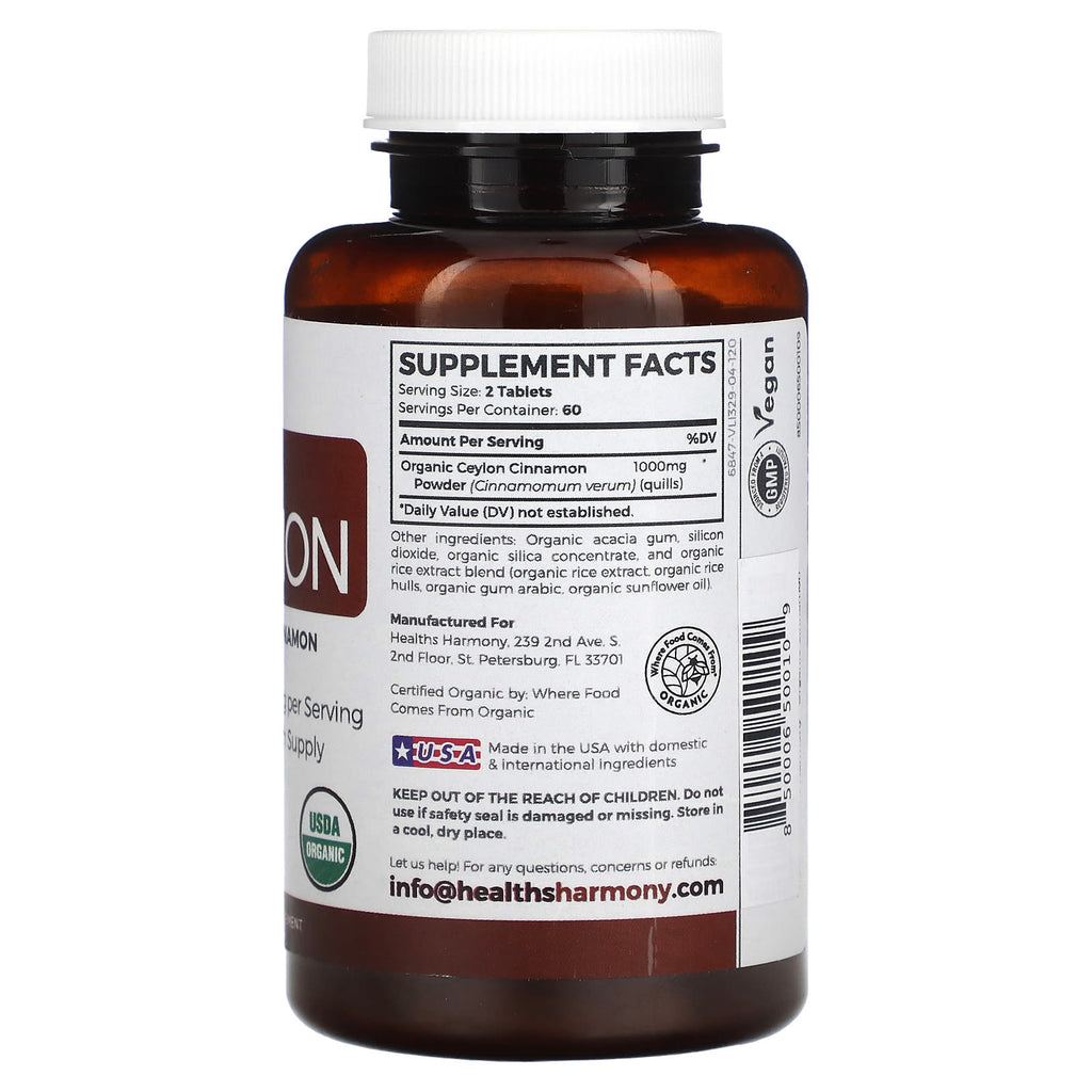 Healths Harmony, Organic Ceylon Cinnamon, 120 Tablets (500 mg per Tablet)