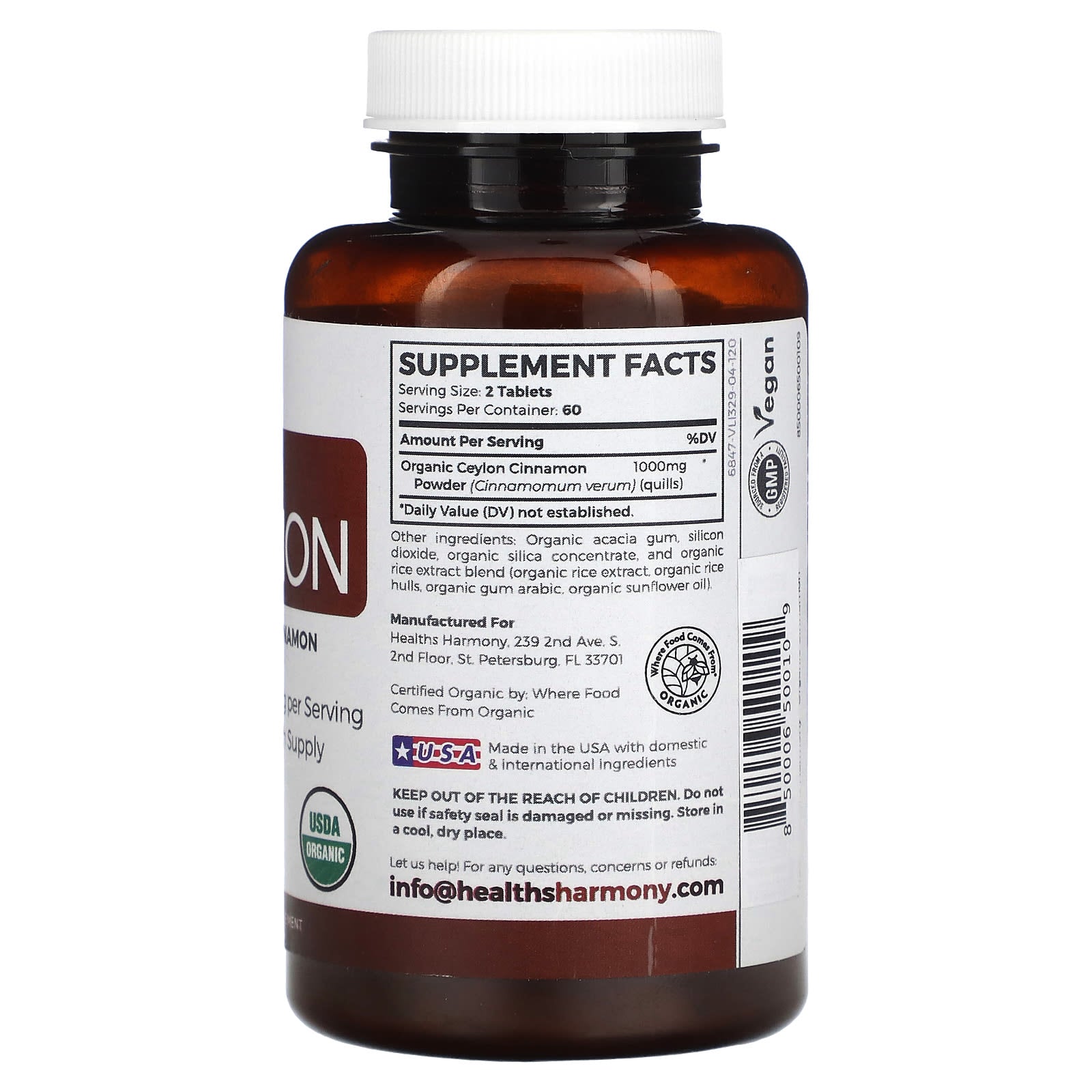 Healths Harmony, Organic Ceylon Cinnamon, 120 Tablets (500 mg per Tablet)