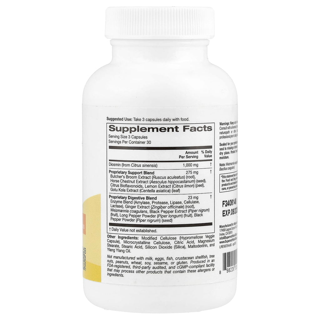 Super Nutrition, Vein Support with Diosmin, Butcher's Broom, Horse Chestnut, Bioflavonoids and Enzymes, 90 Veggie Capsules