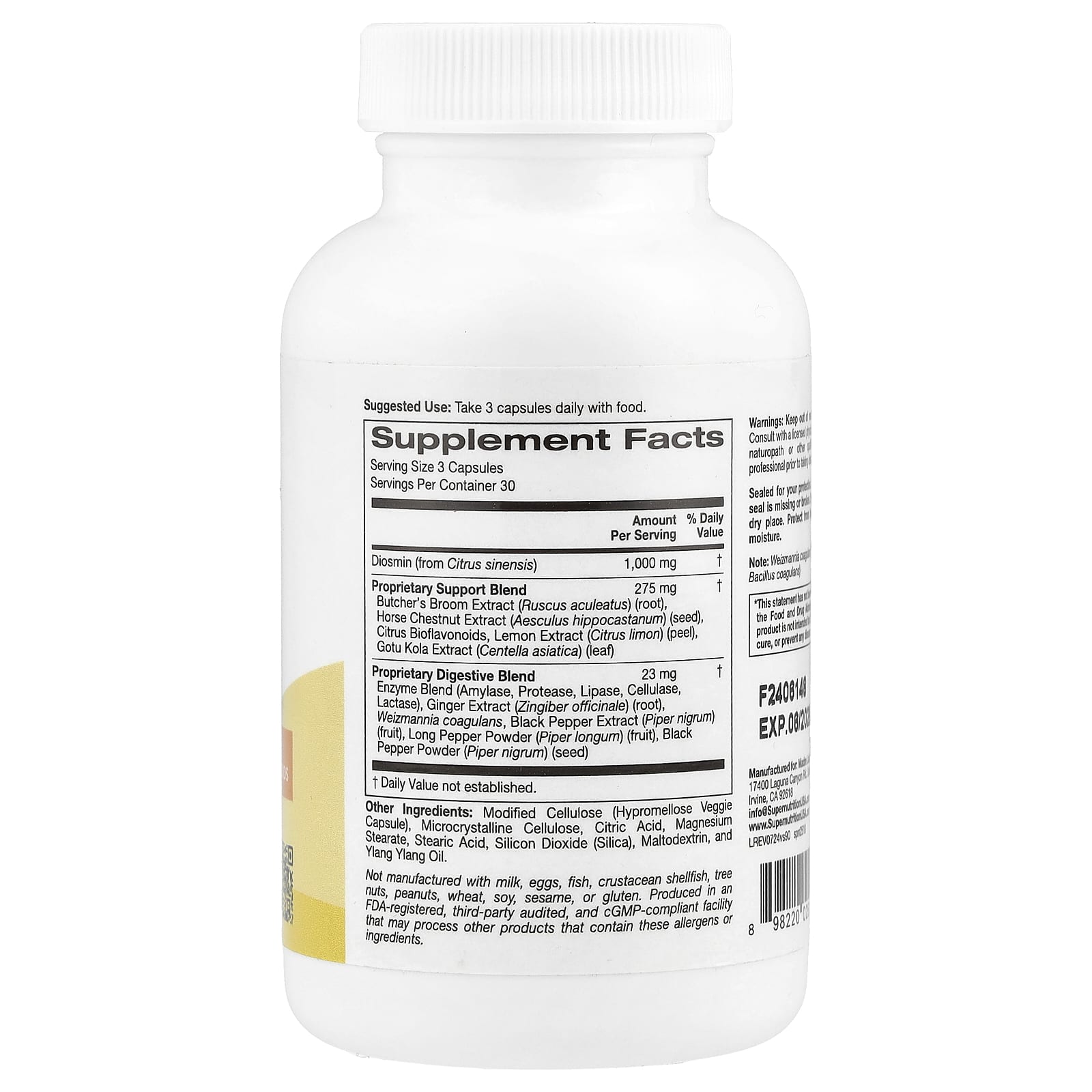 Super Nutrition, Vein Support with Diosmin, Butcher's Broom, Horse Chestnut, Bioflavonoids and Enzymes, 90 Veggie Capsules
