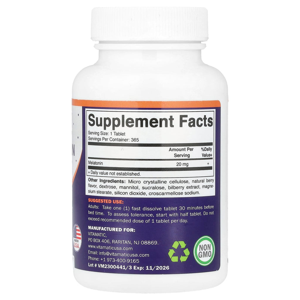Vitamatic, Melatonin, Natural Berry, 20 mg, 365 Fast Dissolve Tablets