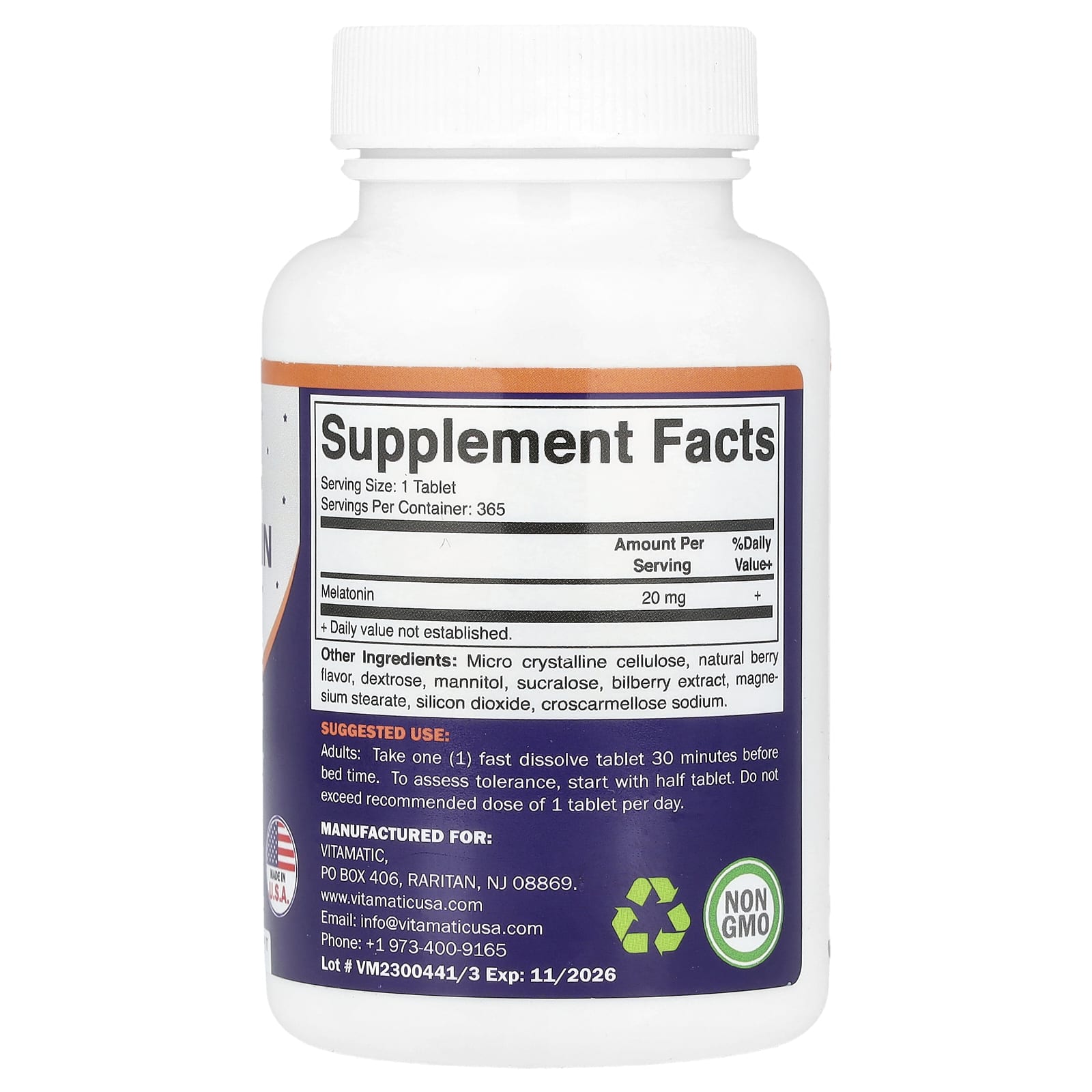 Vitamatic, Melatonin, Natural Berry, 20 mg, 365 Fast Dissolve Tablets