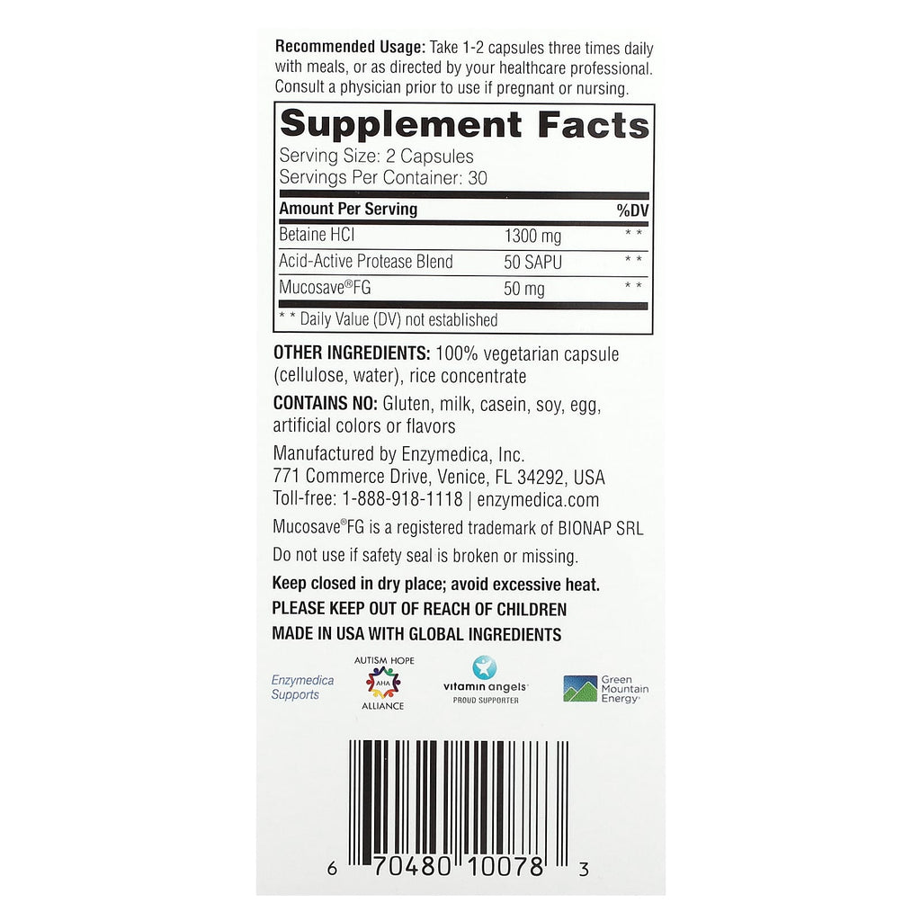 Enzymedica, Fast-Acting Betaine HCl, 60 Capsules