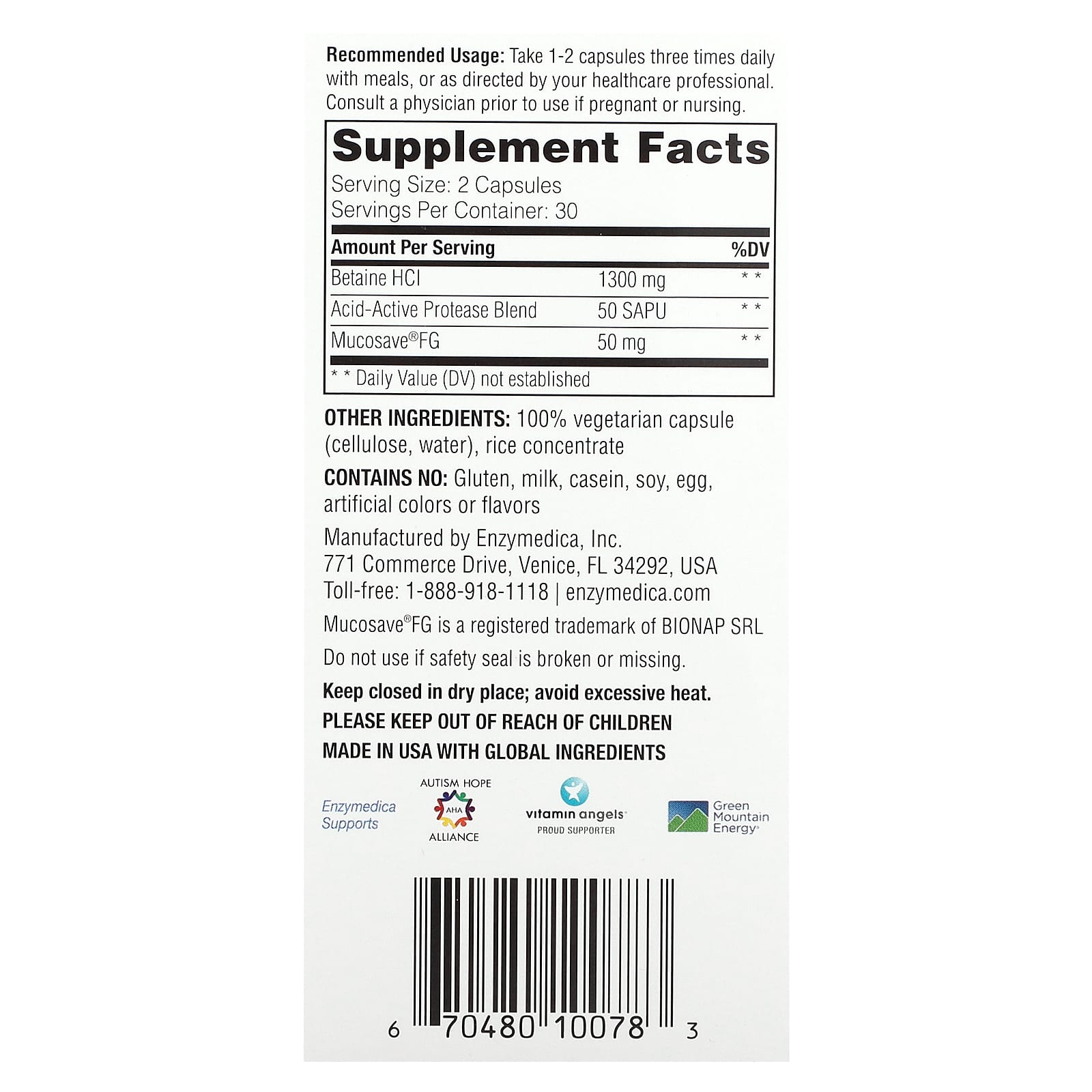 Enzymedica, Fast-Acting Betaine HCl, 60 Capsules