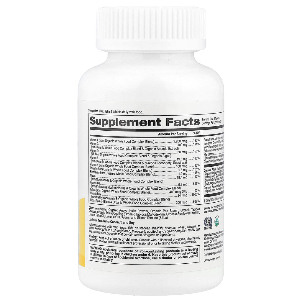 Super Nutrition, Organic Whole Food Women's 40+ Multivitamin with Organic Amla Extract, Organic Sunflower Extract, Organic Moringa Extract, and Organic Shiitake Extract , 60 Tablets