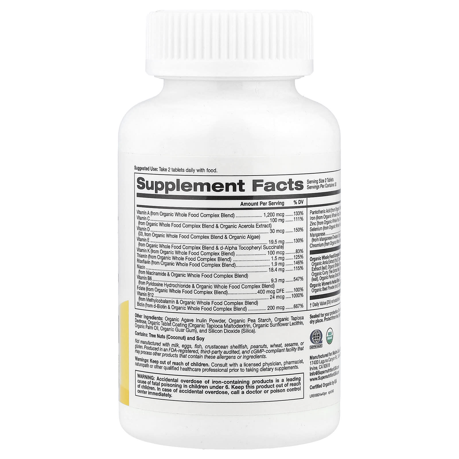 Super Nutrition, Organic Whole Food Women's 40+ Multivitamin with Organic Amla Extract, Organic Sunflower Extract, Organic Moringa Extract, and Organic Shiitake Extract , 60 Tablets