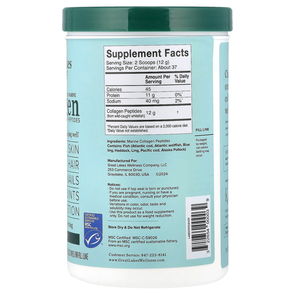 Great Lakes Wellness, Sustainable Marine Collagen Peptides, Unflavored, 16 oz (454 g)