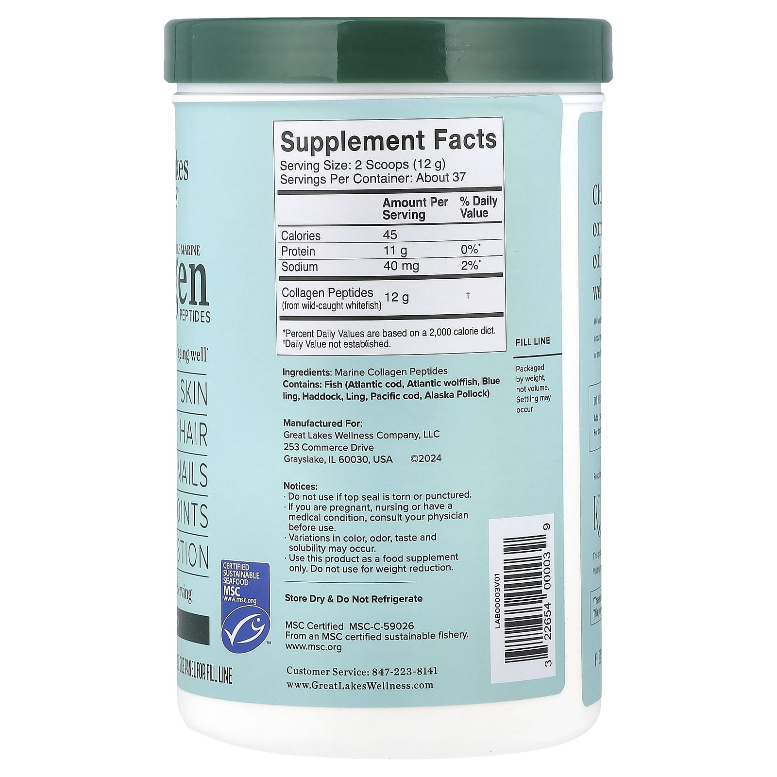 Great Lakes Wellness, Sustainable Marine Collagen Peptides, Unflavored, 16 oz (454 g)