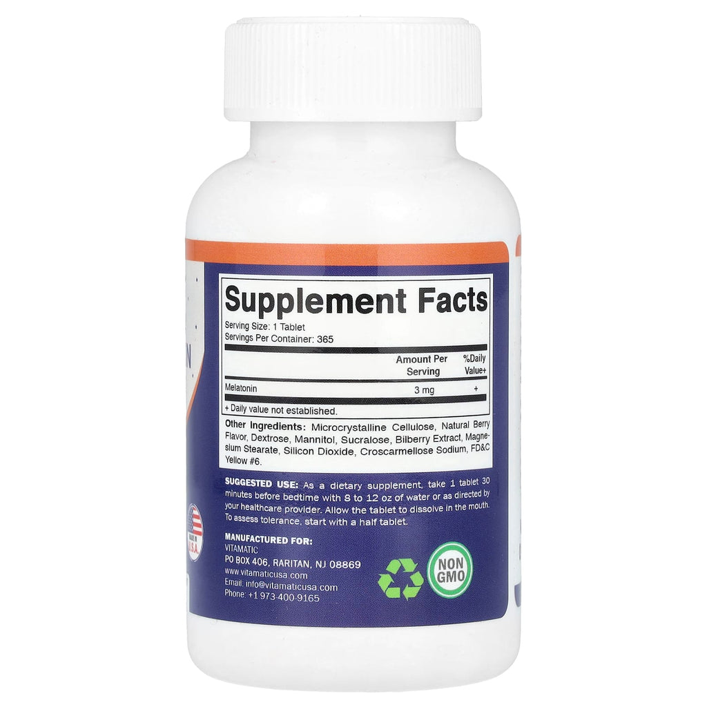 Vitamatic, Melatonin, Natural Berry, 3 mg, 365 Fast Dissolve Tablets