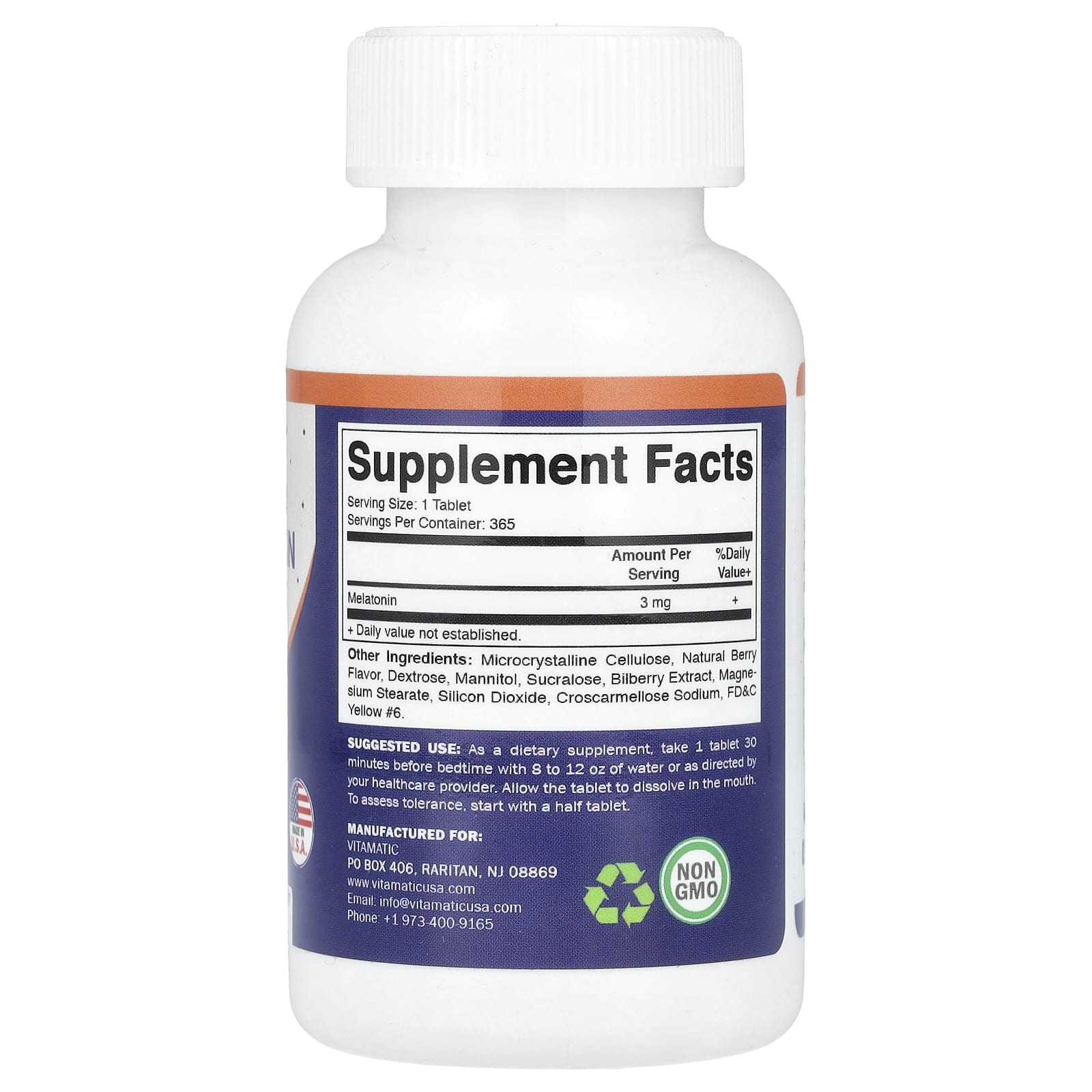 Vitamatic, Melatonin, Natural Berry, 3 mg, 365 Fast Dissolve Tablets