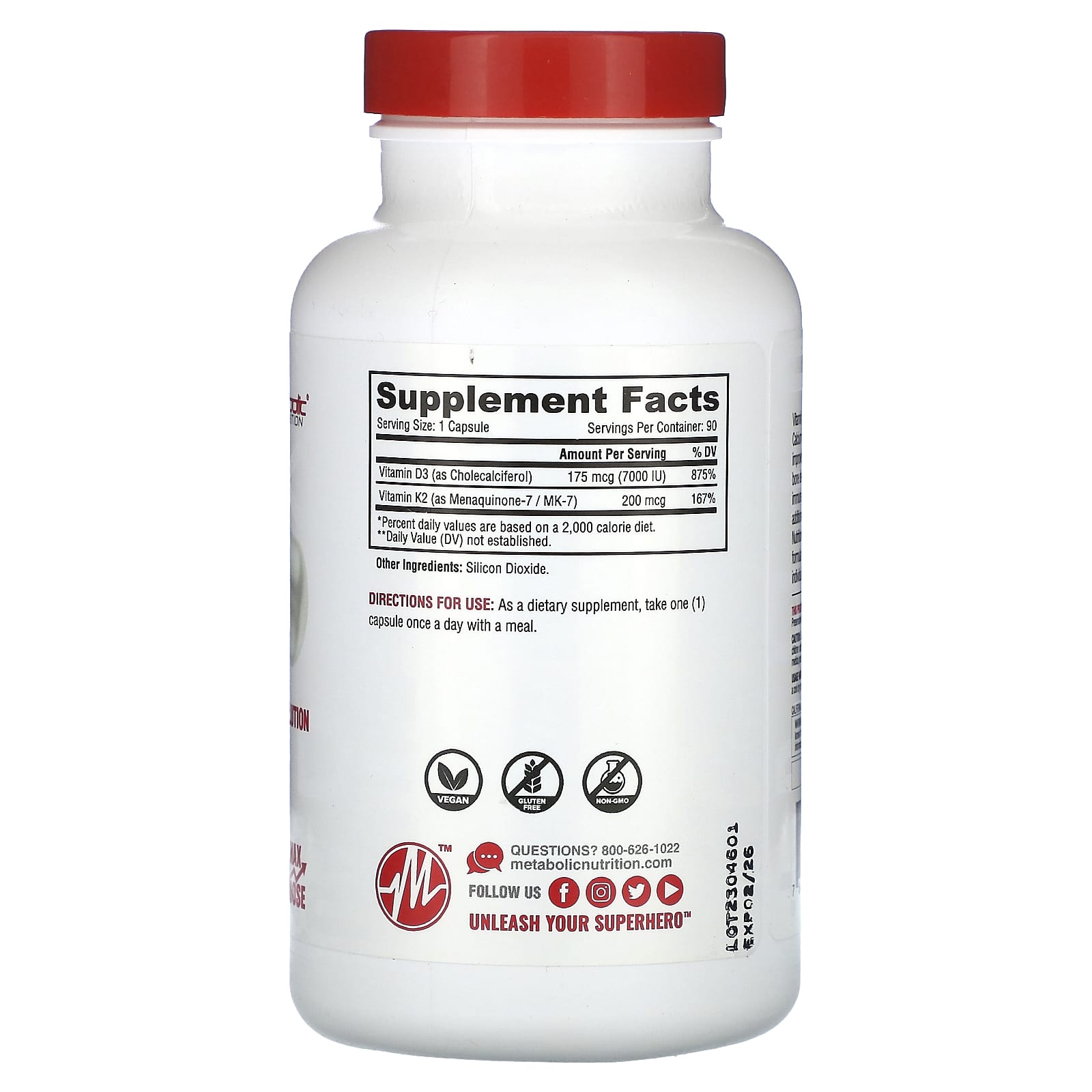 Metabolic Nutrition, Vitamin D3 + K2, 90 Capsules