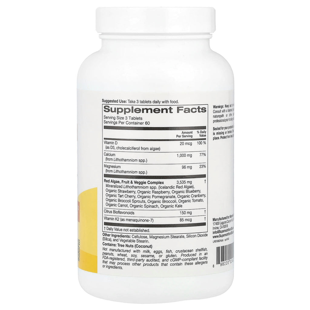Super Nutrition, Algae-Based Calcium with Calcium,Vitamin D3, and Magnesium, Organic Strawberry, Raspberry, and Blueberry, 180 Tablets