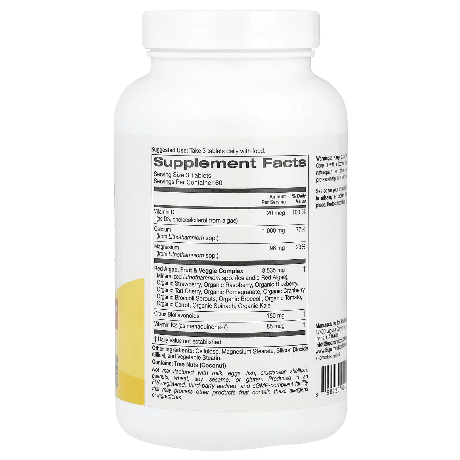 Super Nutrition, Algae-Based Calcium with Calcium,Vitamin D3, and Magnesium, Organic Strawberry, Raspberry, and Blueberry, 180 Tablets