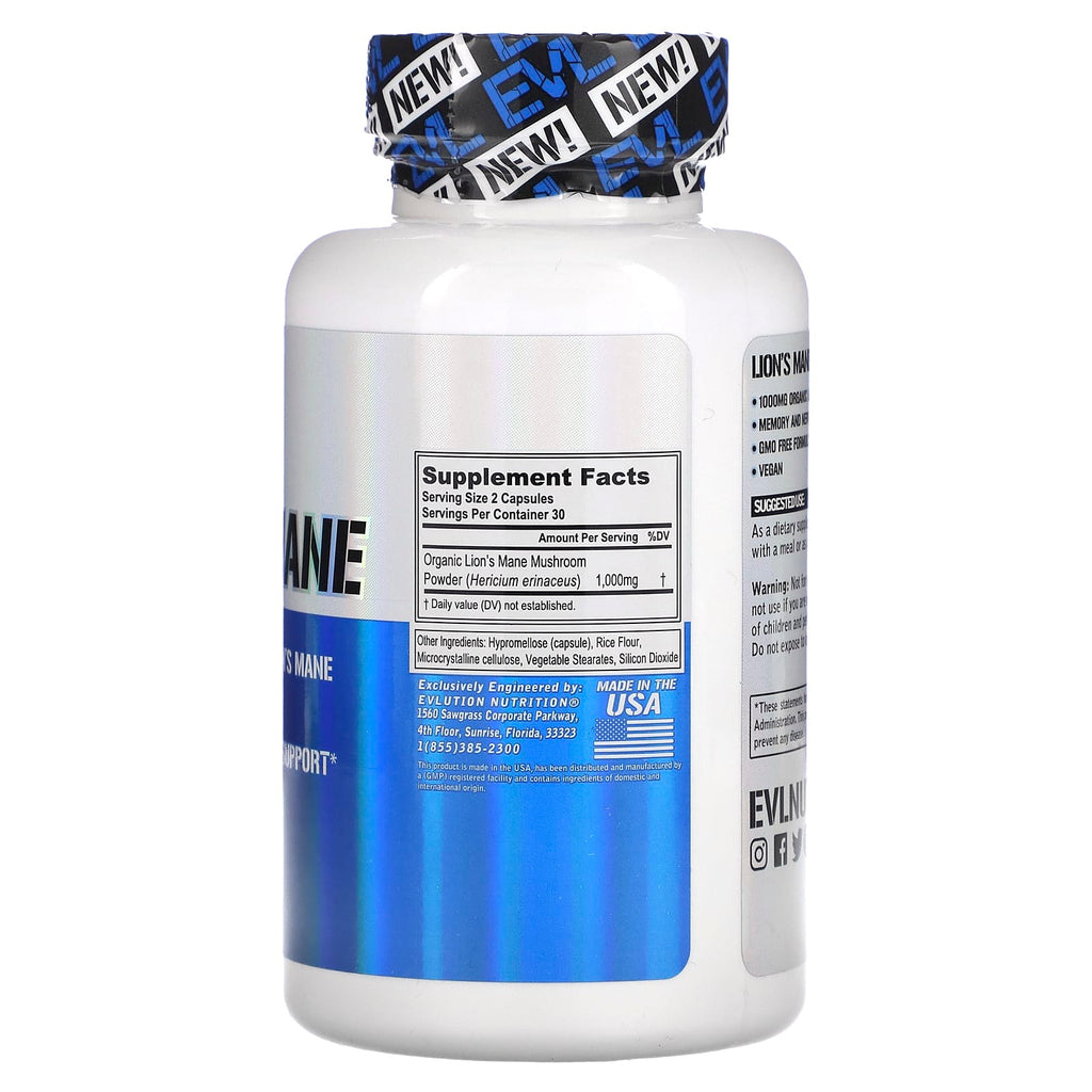 EVLution Nutrition, Lion's Mane, 60 Veggie Capsules (500 mg per Capsule)