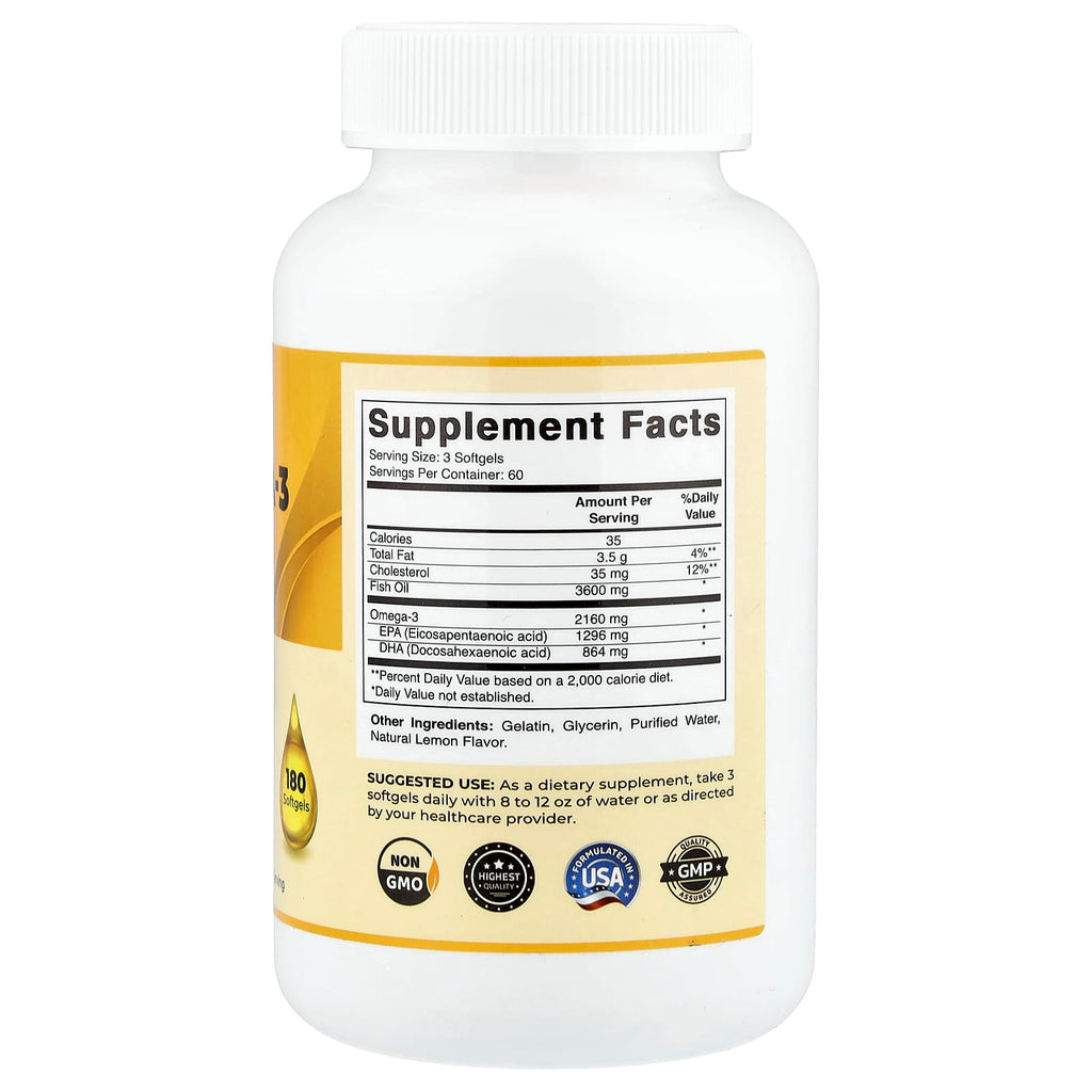 Vitamatic, Omega-3 Fish Oil, Natural Lemon, 180 Softgels