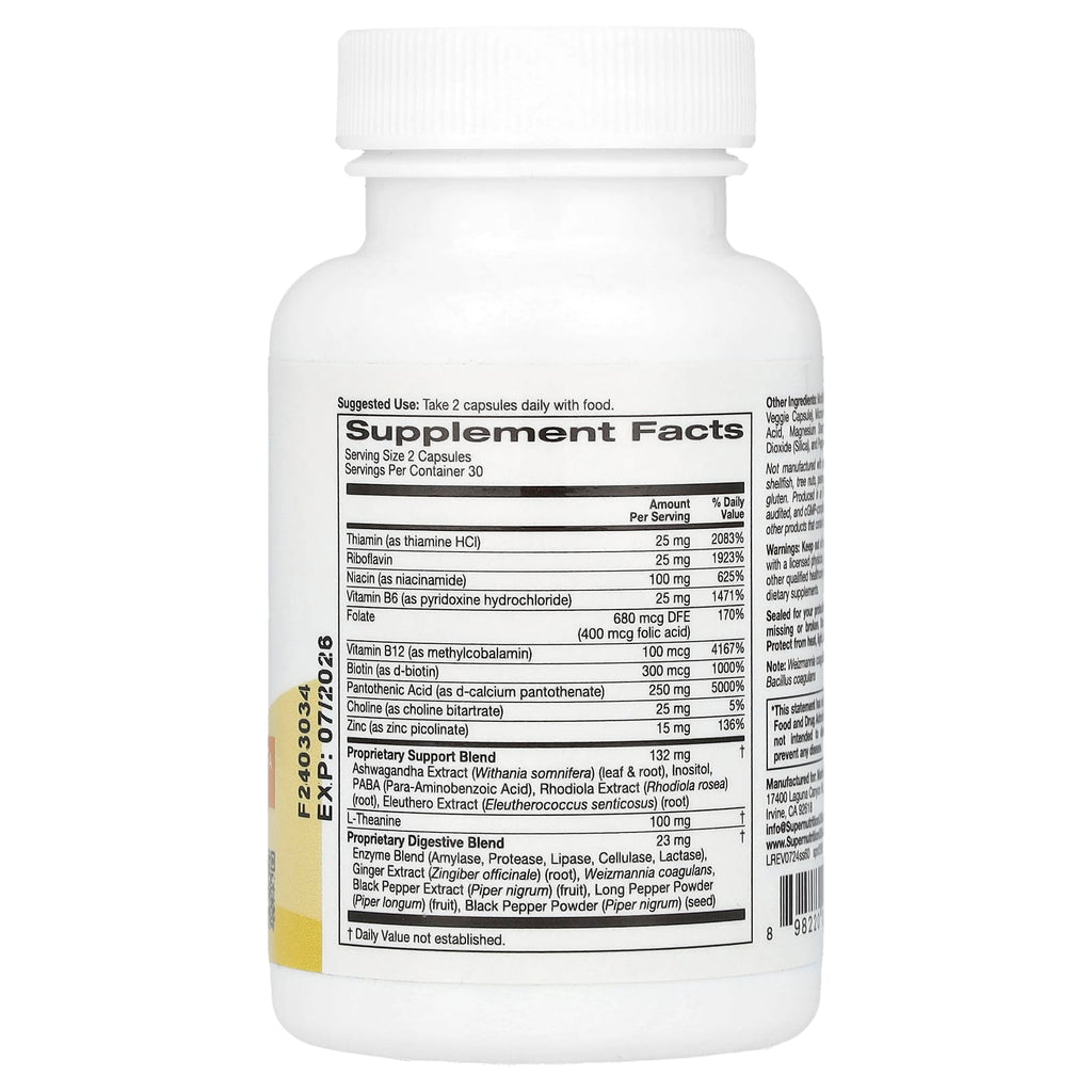 Super Nutrition, Stress Support with L-Theanine, Ashwagandha, Botanical Blend, and Enzymes, 60 Veggie Capsules