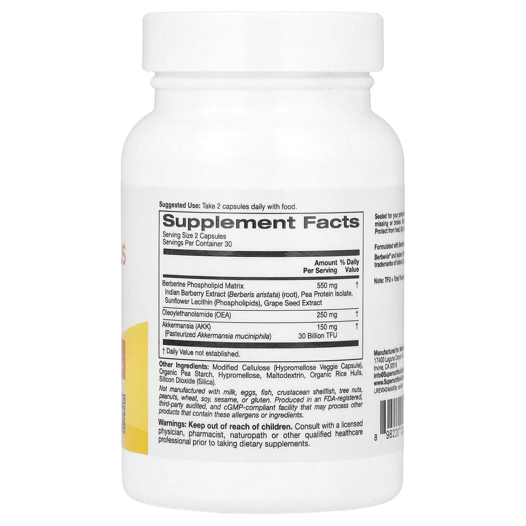 Super Nutrition, Akkermansia 30B PLUS with Berberine Phospholipid Matrix, and OEA, 60 Veggie Capsules