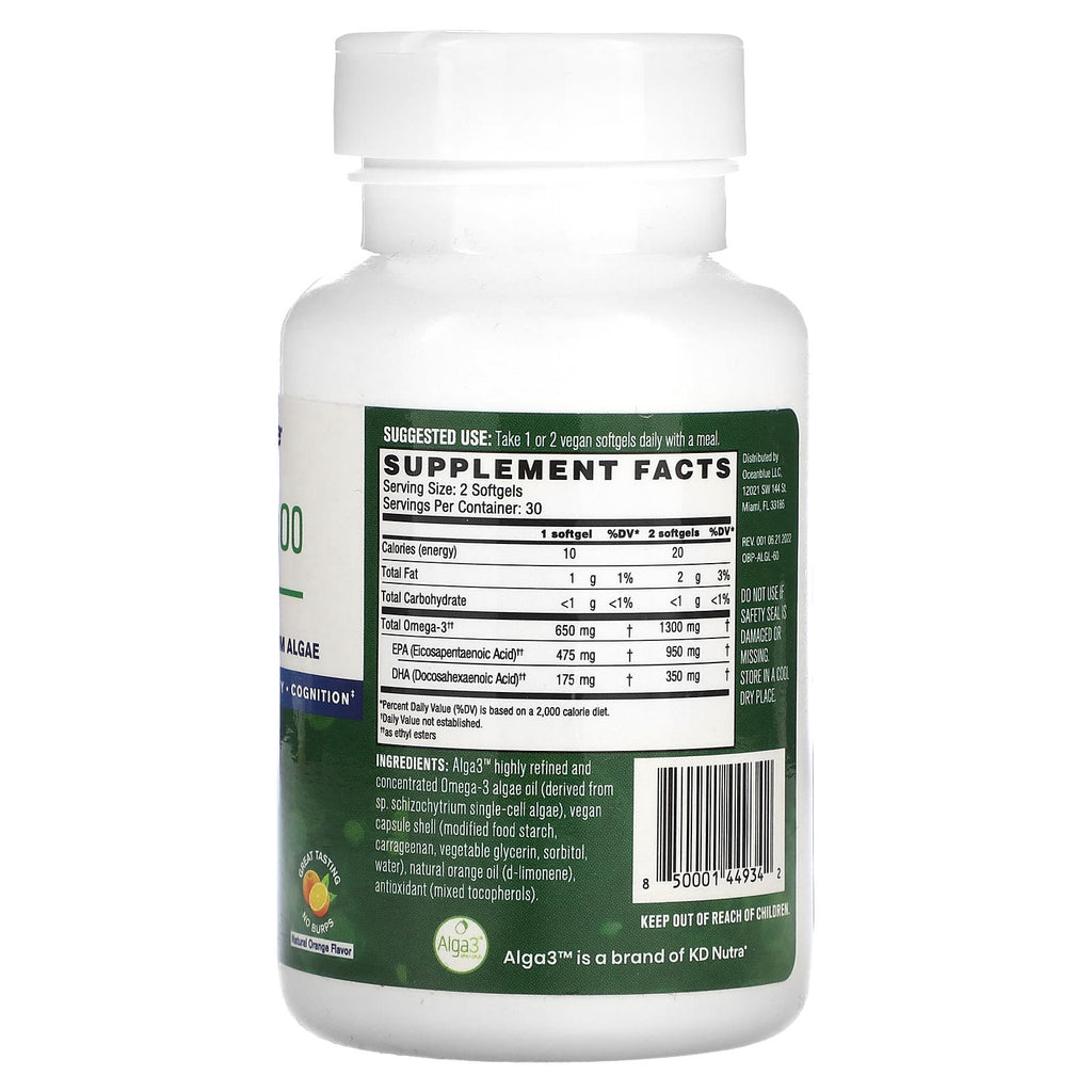 OceanBlue, Professional, Vegan Omega-3 1300, High-Potency, Natural Orange, 60 Vegan Softgels (650 mg per Softgel)
