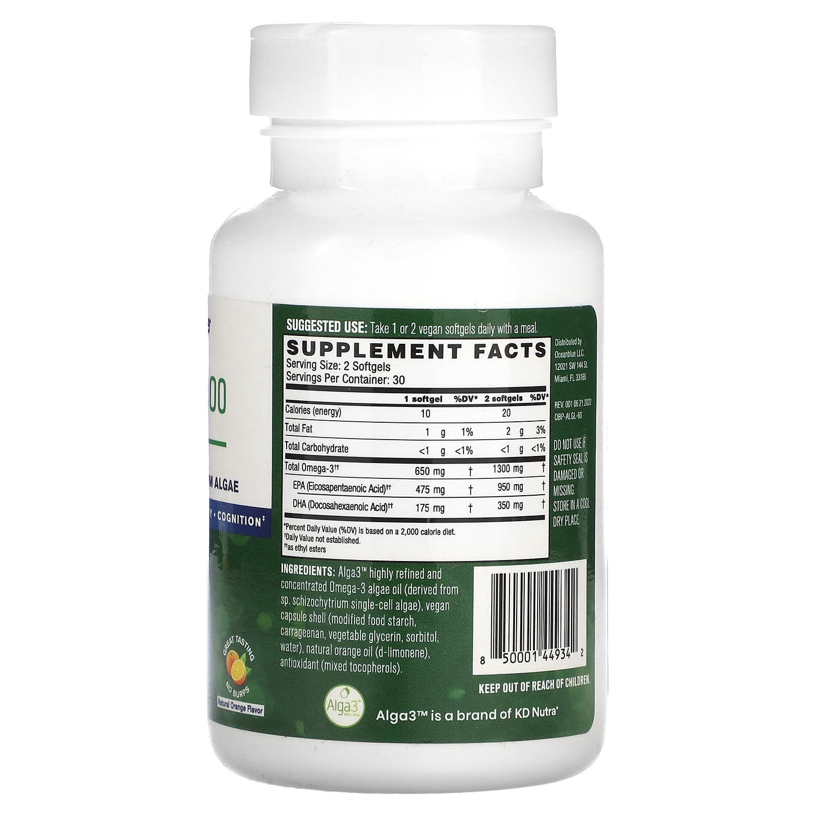 OceanBlue, Professional, Vegan Omega-3 1300, High-Potency, Natural Orange, 60 Vegan Softgels (650 mg per Softgel)