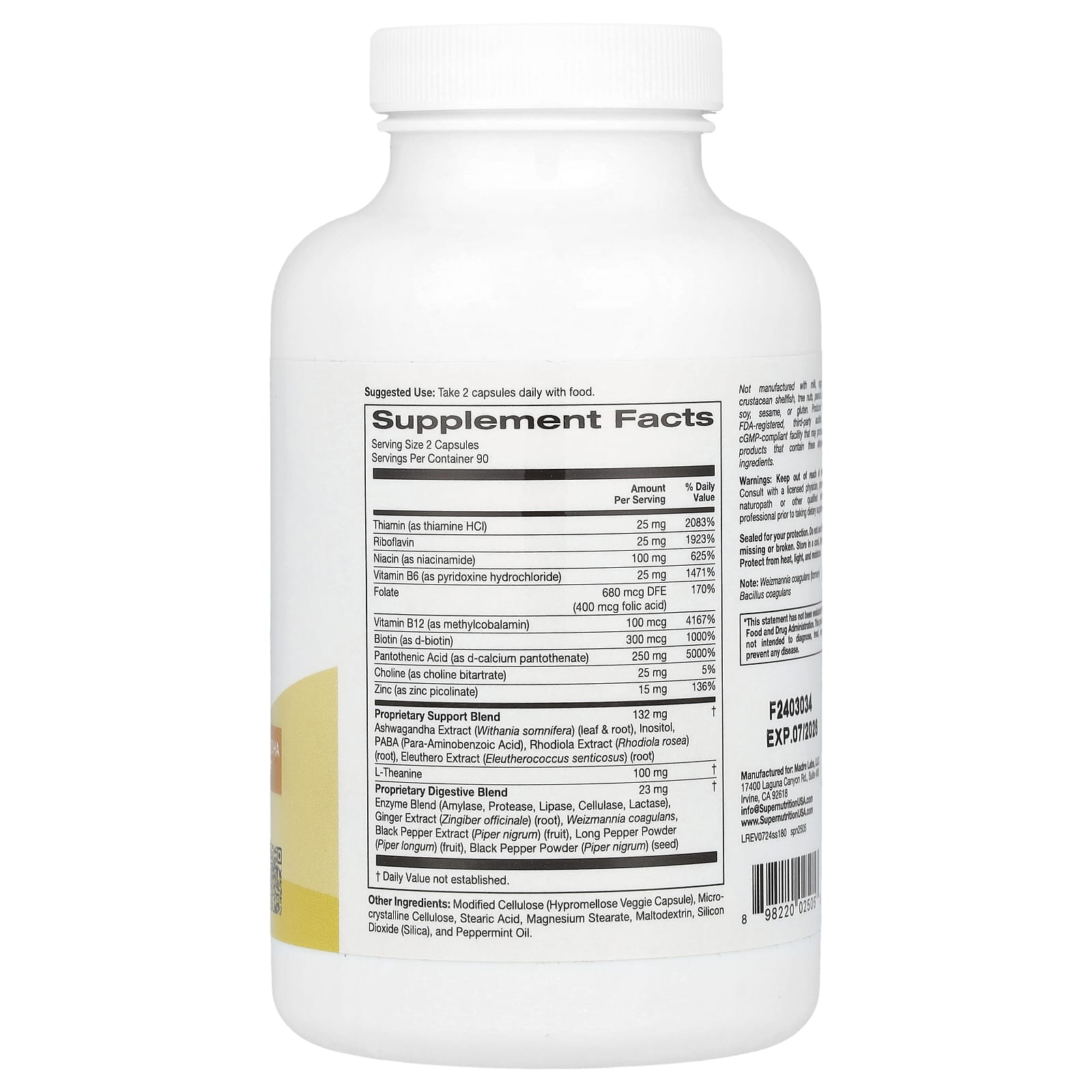 Super Nutrition, Stress Support with L-Theanine, Ashwaghanda, Botanical Blend, and Enzymes, 180 Veggie Capsules