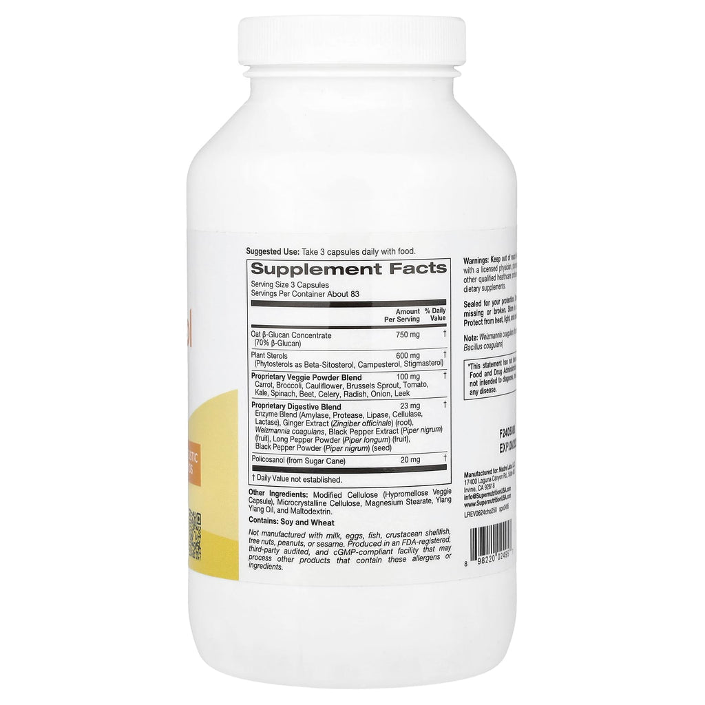 Super Nutrition, Cholesterol Support with Oat ß-Glucan Concentrate, Plant Sterols, Veggie & Digestive Blend, 250 Veggie Capsules