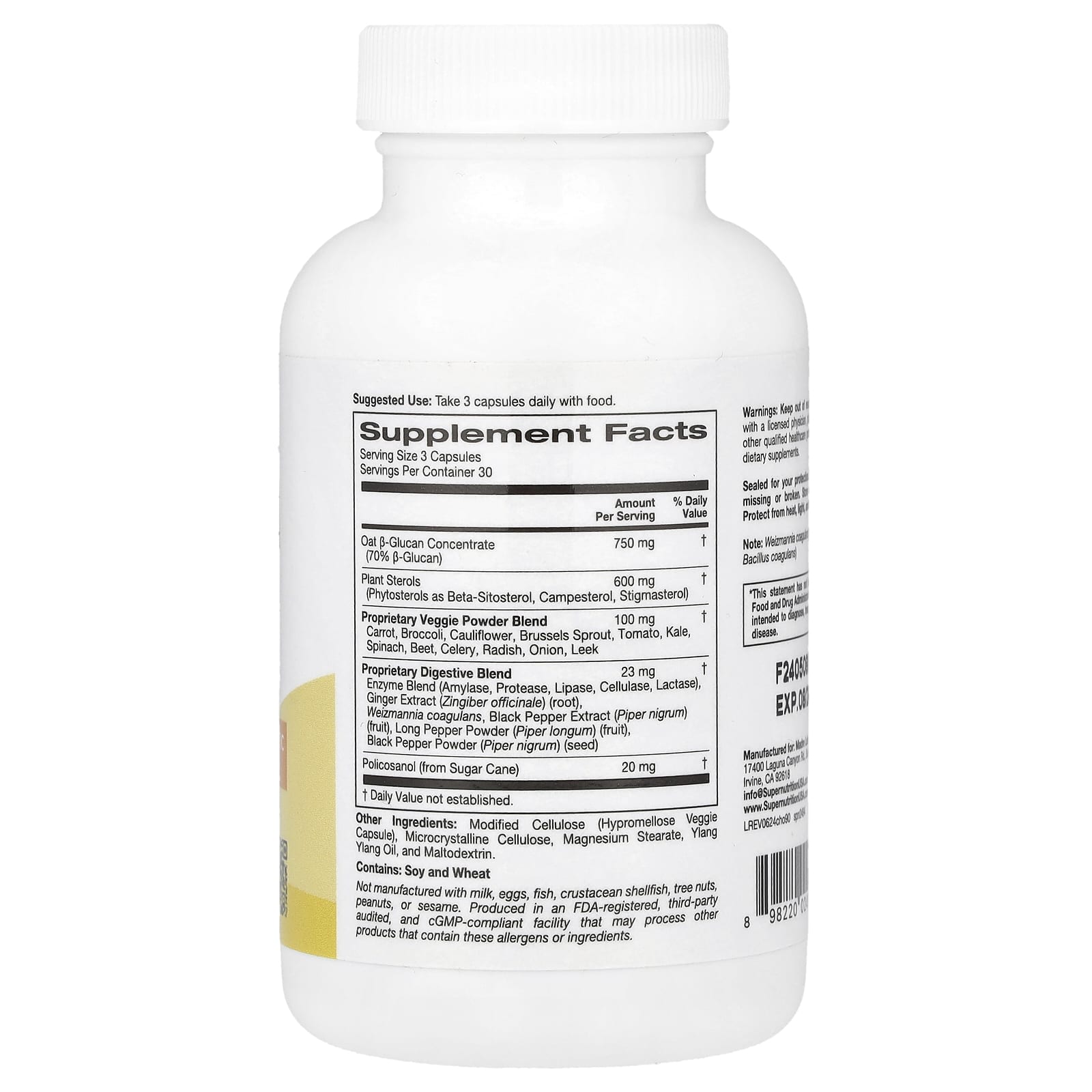 Super Nutrition, Cholesterol Support with Oat ß-Glucan Concentrate, Plant Sterols, Veggie & Digestive Blend, 90 Veggie Capsules