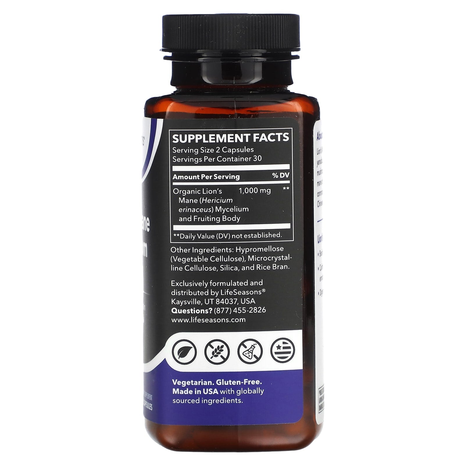 LifeSeasons, Lion's Mane Mushroom, 60 Veg Capsules (500 mg per Capsule)