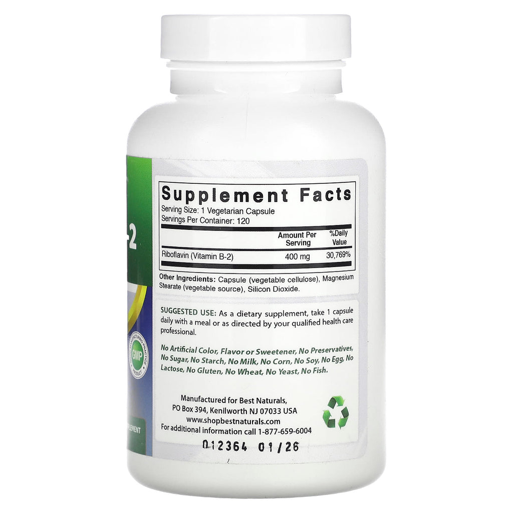 Best Naturals, Vitamin B-2 (Riboflavin), 400 mg, 120 Vegetarian Capsules
