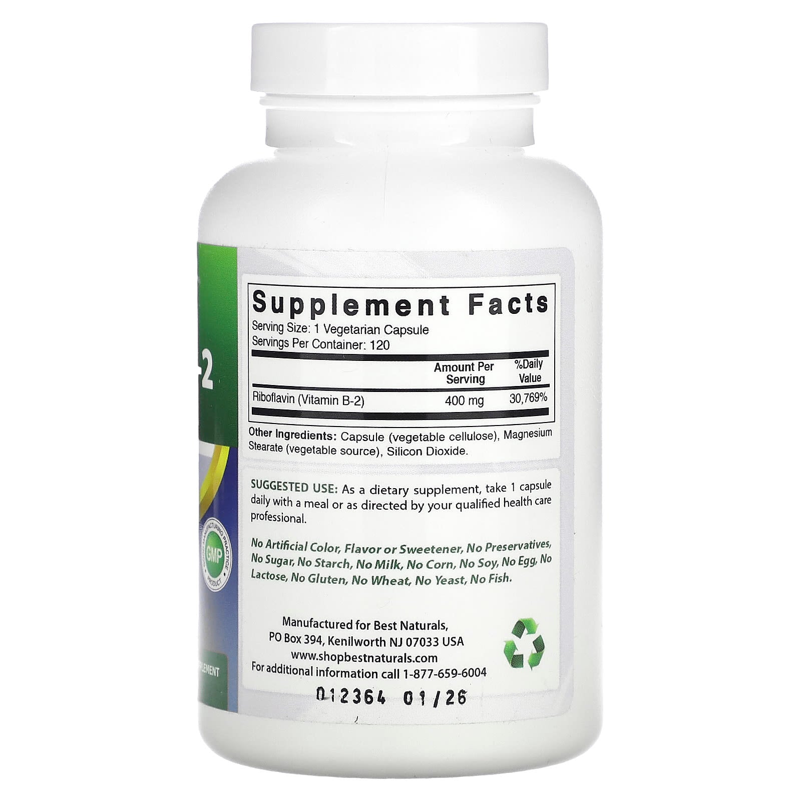 Best Naturals, Vitamin B-2 (Riboflavin), 400 mg, 120 Vegetarian Capsules