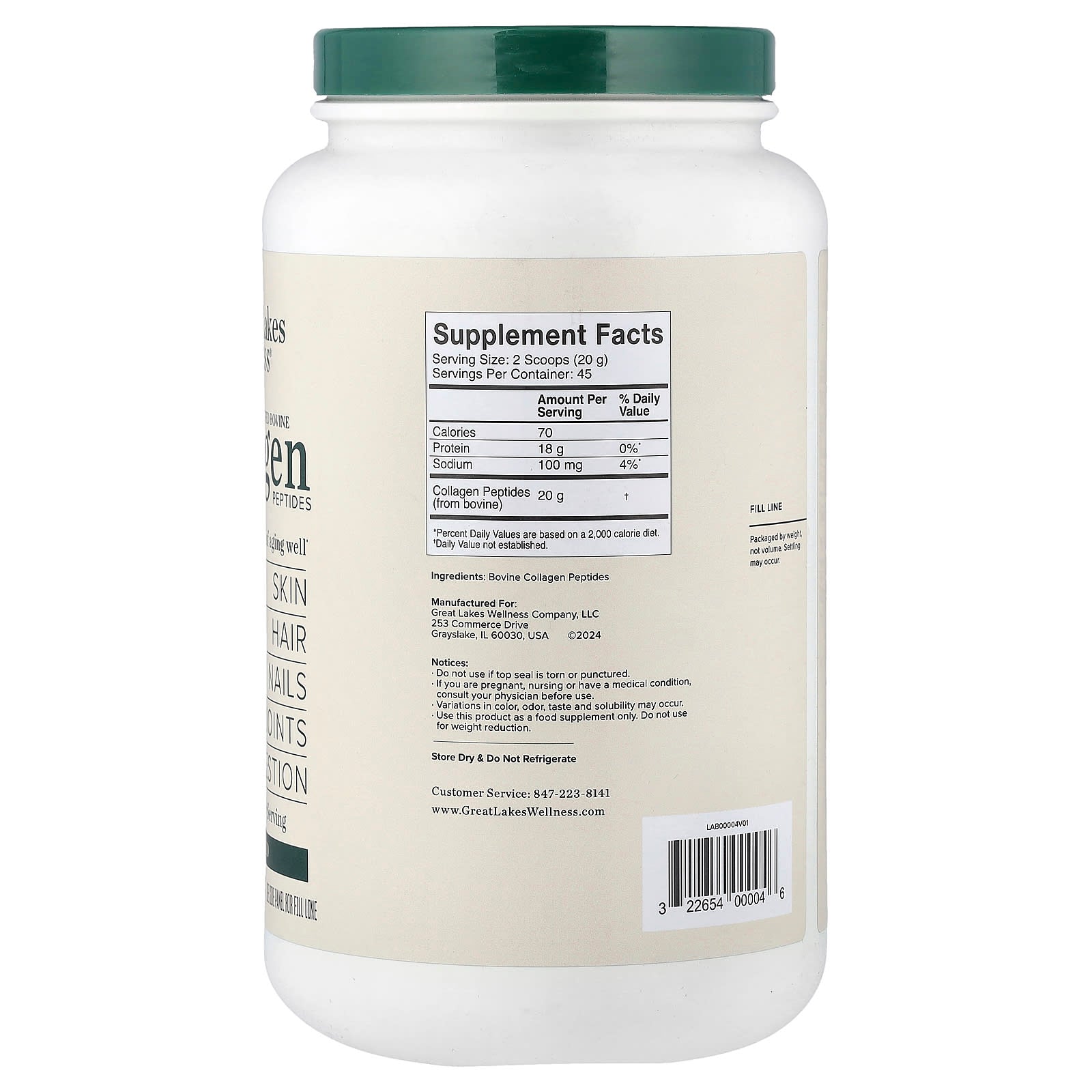 Great Lakes Wellness, Grass-Fed Bovine Collagen Peptides, Unflavored, 32 oz (907 g)