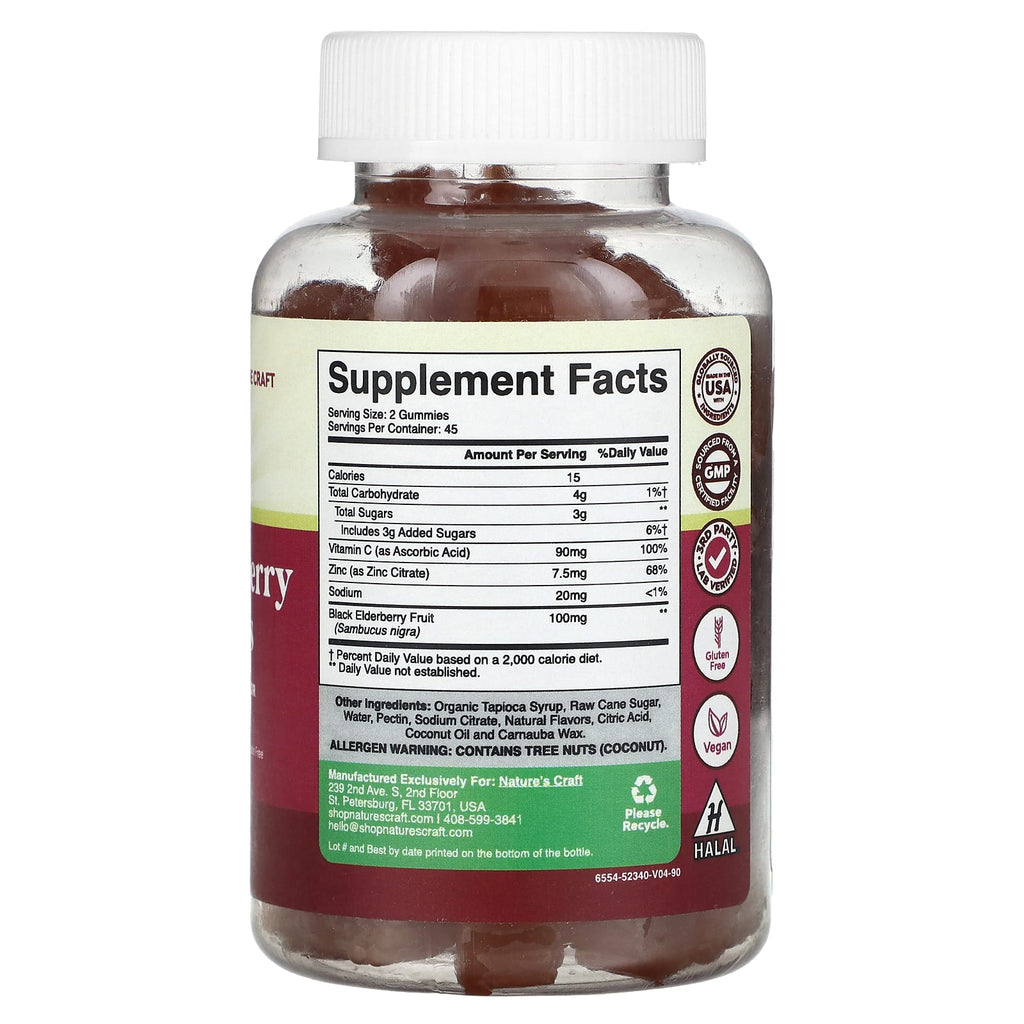 Nature's Craft, Adult Elderberry Gummies with Vitamin C & Zinc, Raspberry, 90 Gummies