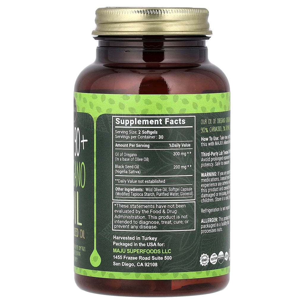 Maju Superfoods, CV 90+ Oregano Oil + Black Seed Oil, 60 Softgels