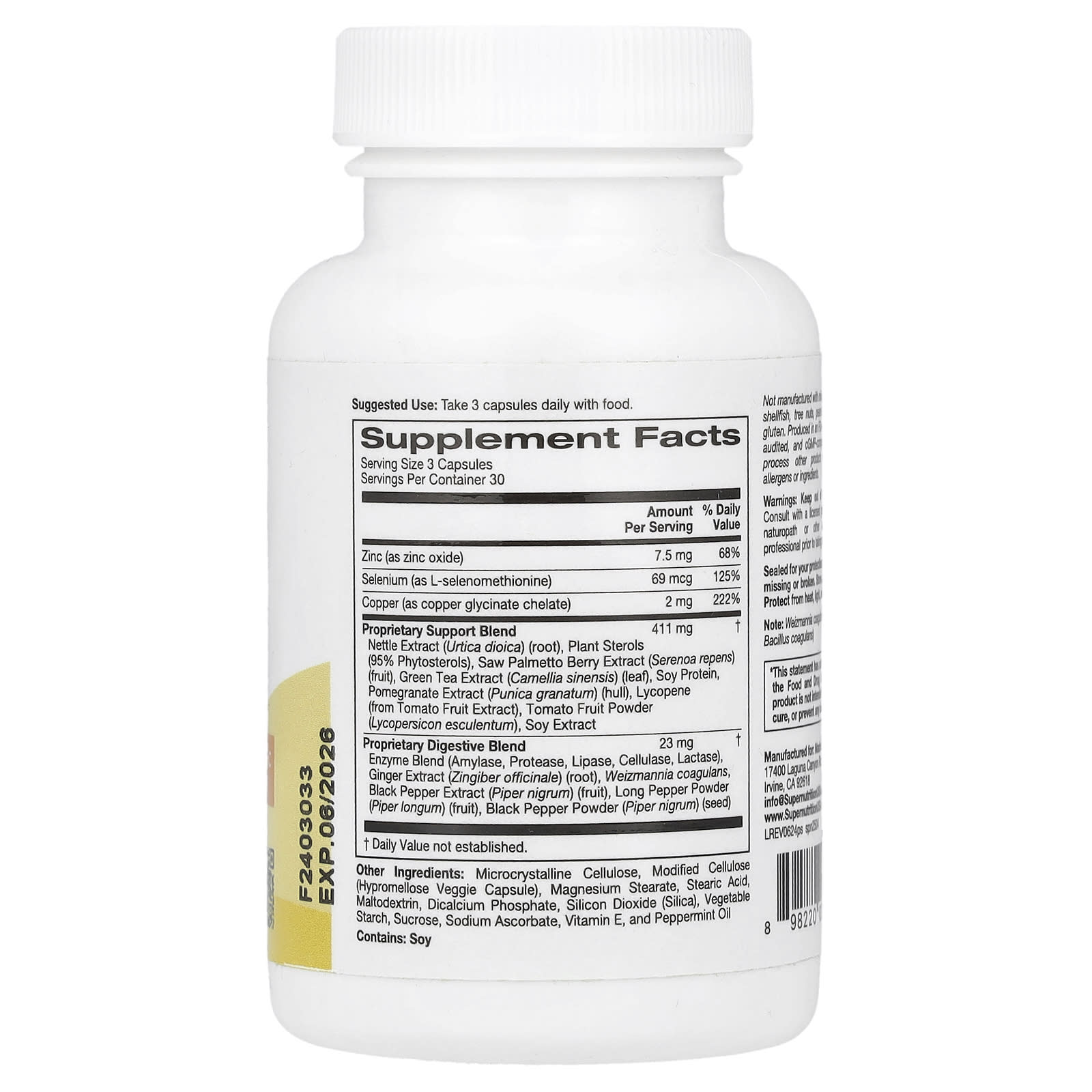 Super Nutrition, Prostate Support with Proprietary Support Blend, Saw Palmetto, Nettle Root, and Zinc Oxide, 90 Veggie Capsules