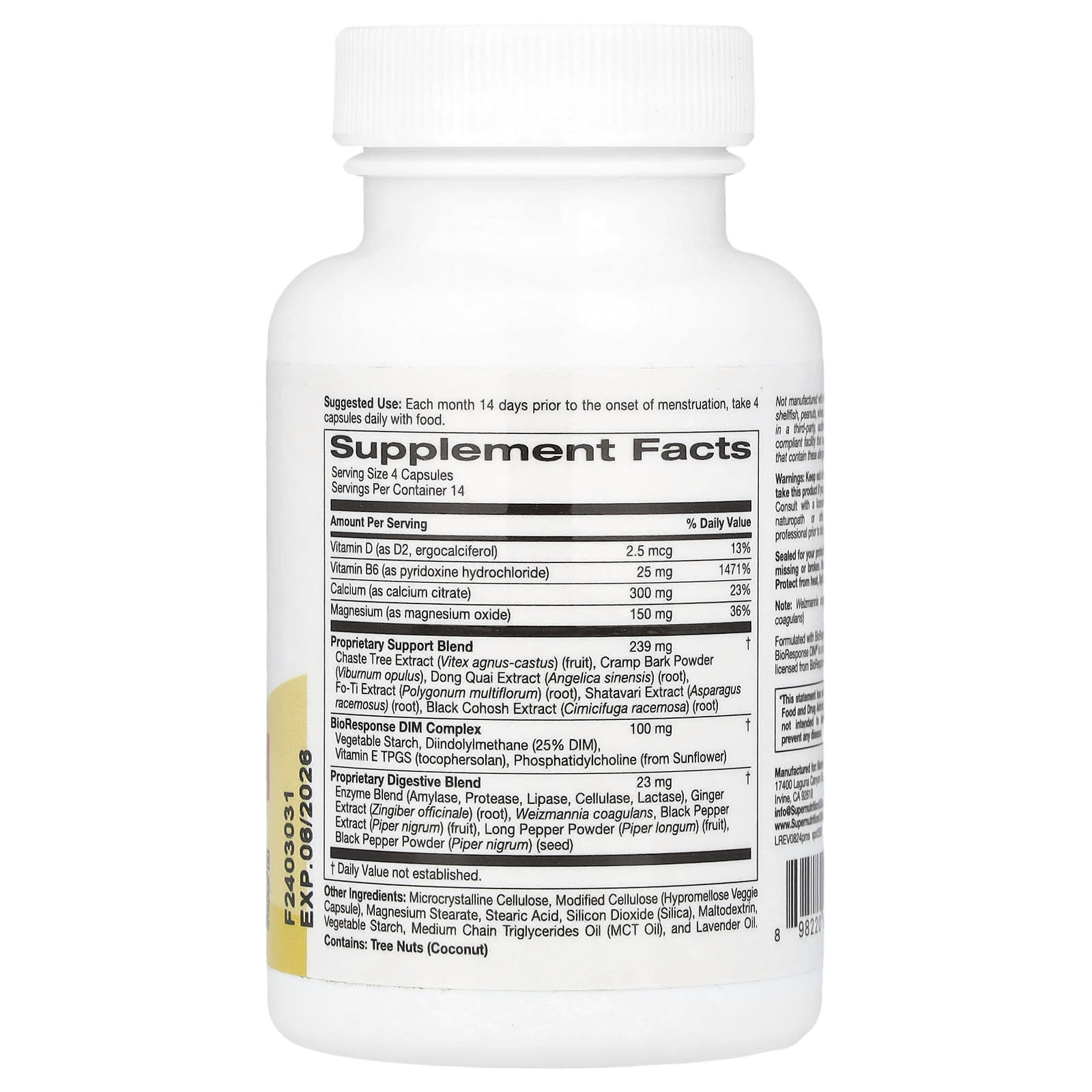 Super Nutrition, PMS Comfort Support with Calcium, Vitex, Magnesium, and BioResponse DIM Complex, 56 Veggie Capsules