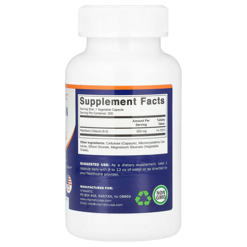 Vitamatic, Vitamin B-2, 250 mg , 200 Vegetable Capsules