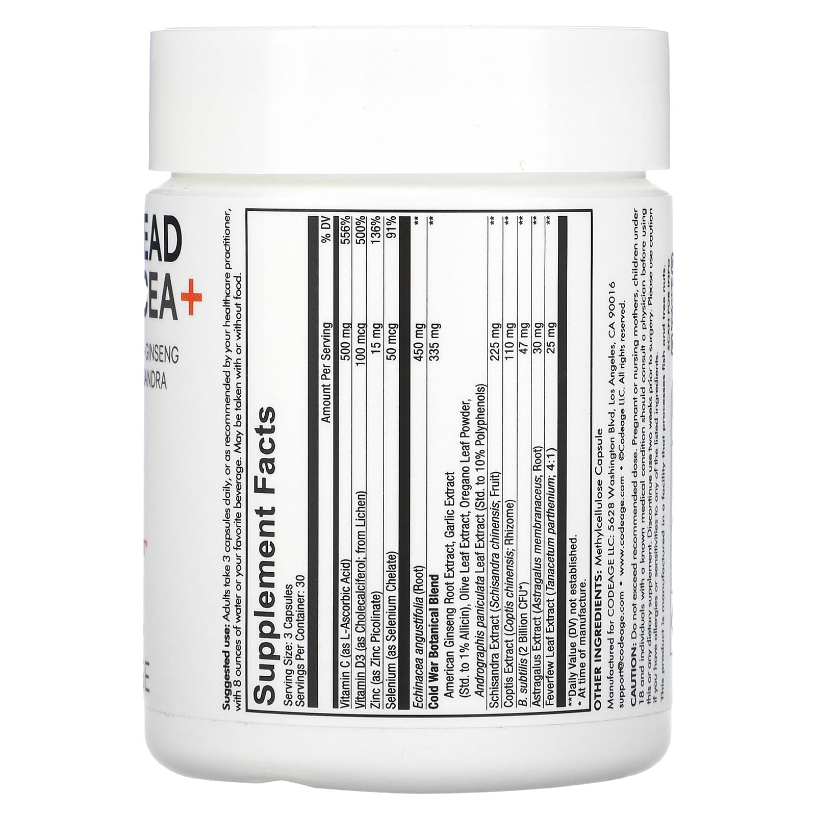 Codeage, Clearhead Echinacea+, Vitamins, Feverfew, Ginseng, Astralagus, Schisandra, 90 Capsules