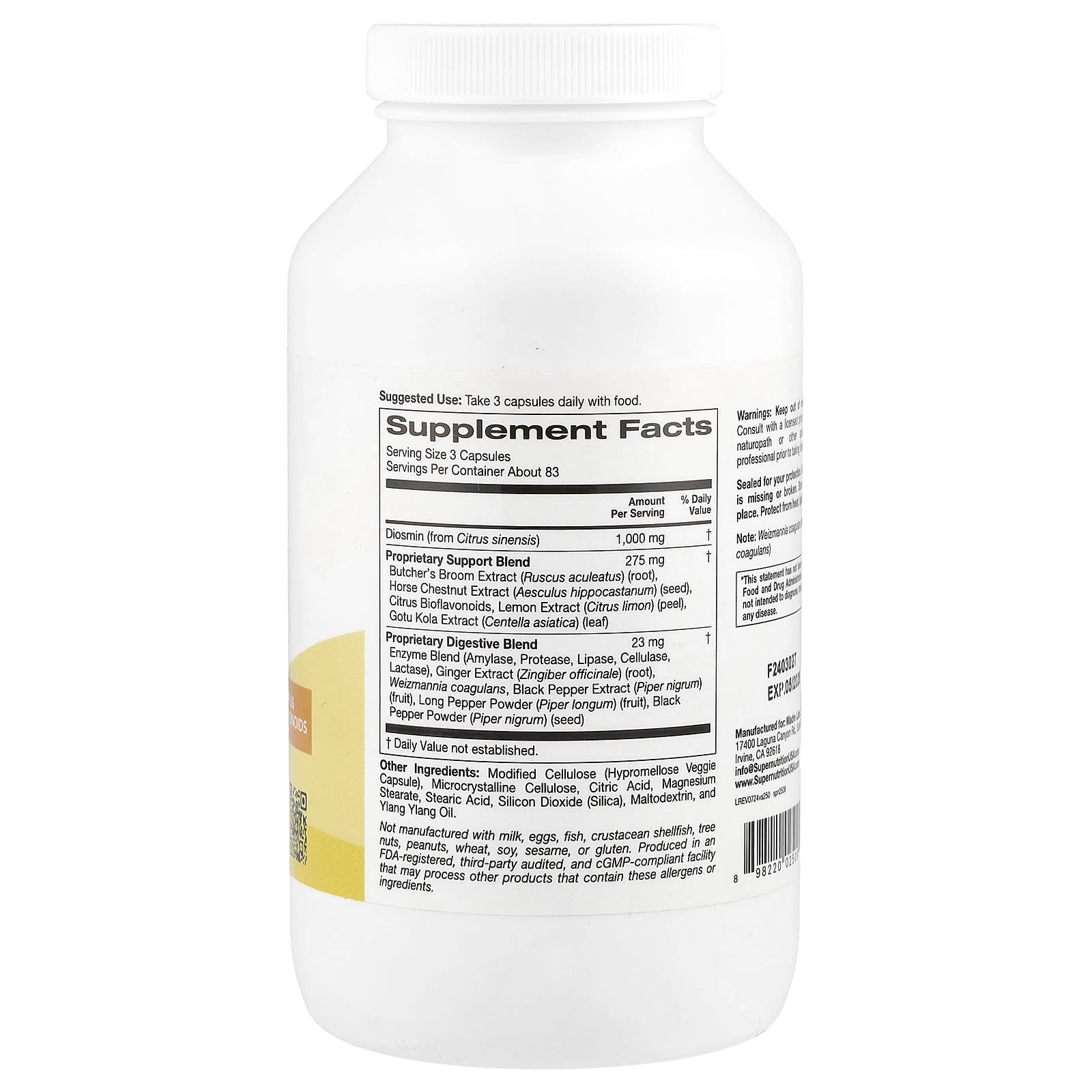 Super Nutrition, Vein Support with Diosmin, Butcher's Broom, Horse Chestnut, Bioflavonoids and Enzymes, 250 Veggie Capsules