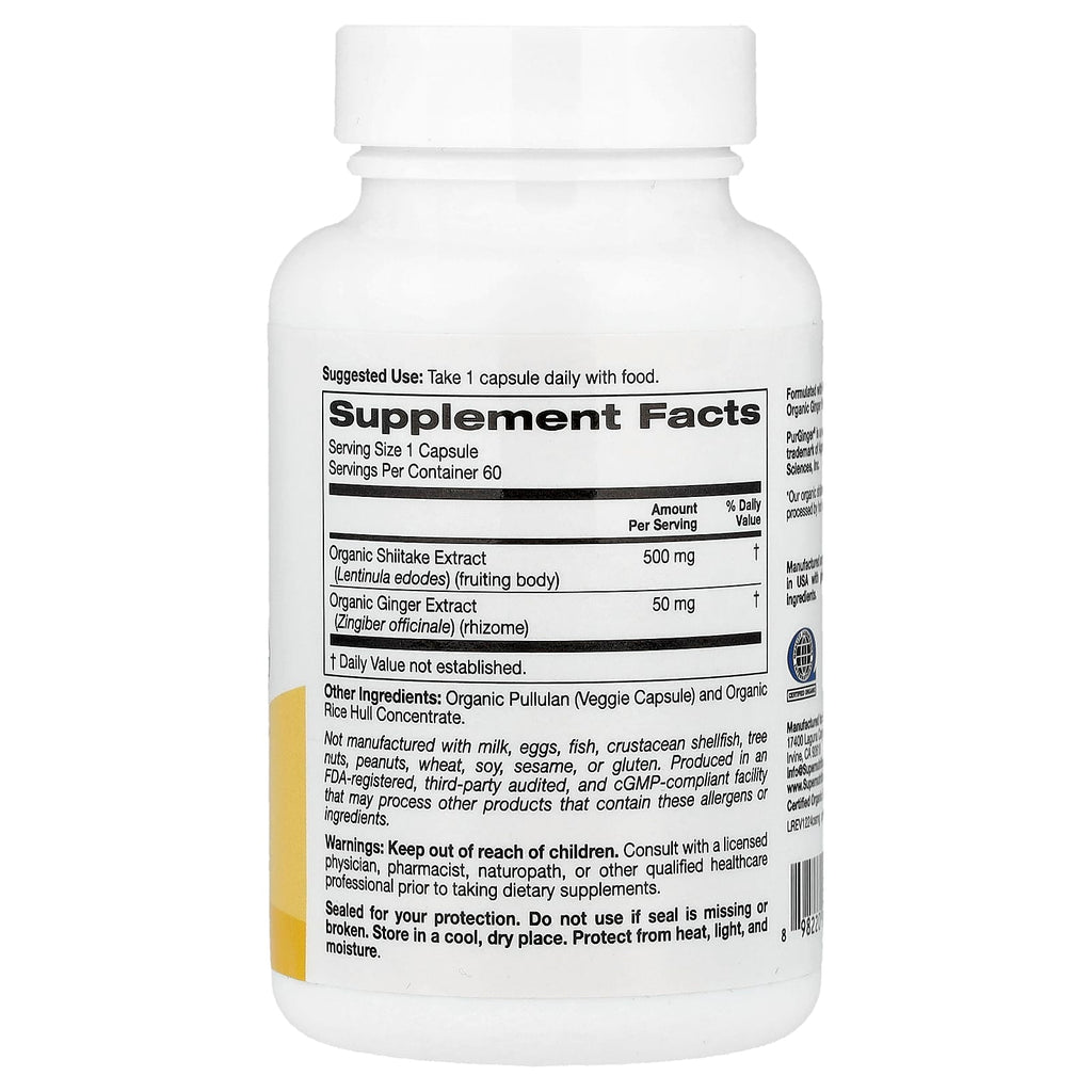 Super Nutrition, Organic Shiitake Mushroom + Ginger with Organic Pullulan, and Organic Rice Hull Concentrate, 60 Veggie Capsules